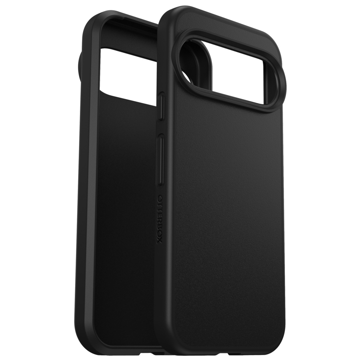 Custodia per telefono nera, aperta, che mostra l'interno e la vista laterale. Marchio Otterbox.