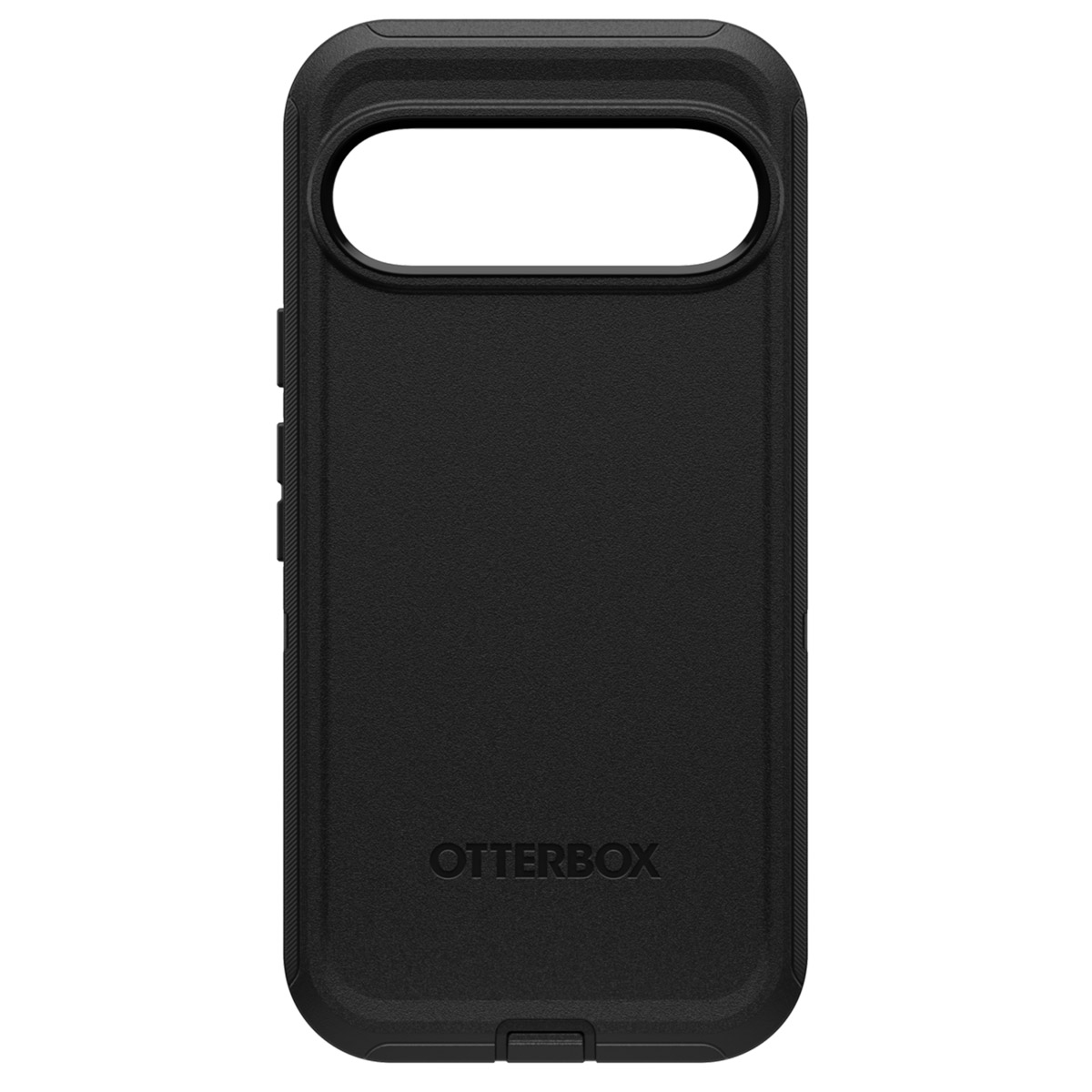 Custodia nera per telefono. Rettangolare con ritaglio per fotocamera e pulsanti. Logo Otterbox visibile.