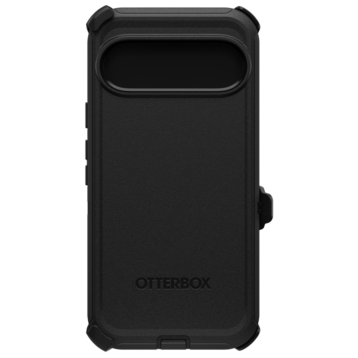 Custodia nera per telefono con superficie strutturata e marchio Otterbox. È angolata.