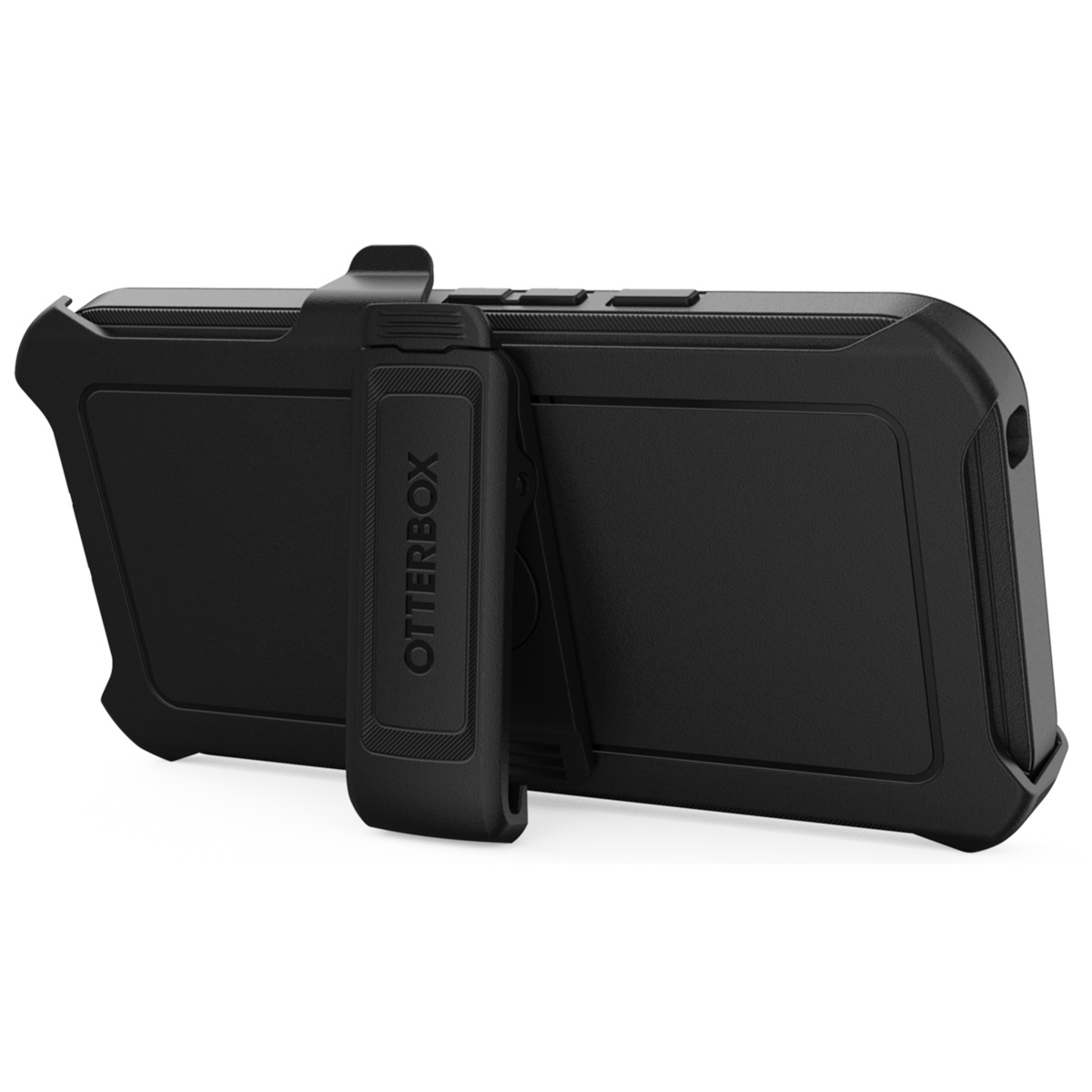 Custodia per telefono OtterBox nera con clip da cintura. La clip è attaccata alla custodia.