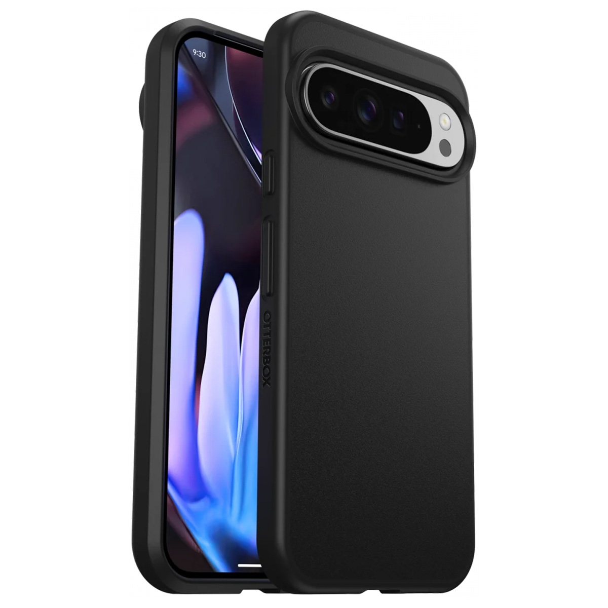 Una custodia per telefono nera con un ritaglio per la fotocamera. È una cover per un telefono, che mostra la fotocamera.