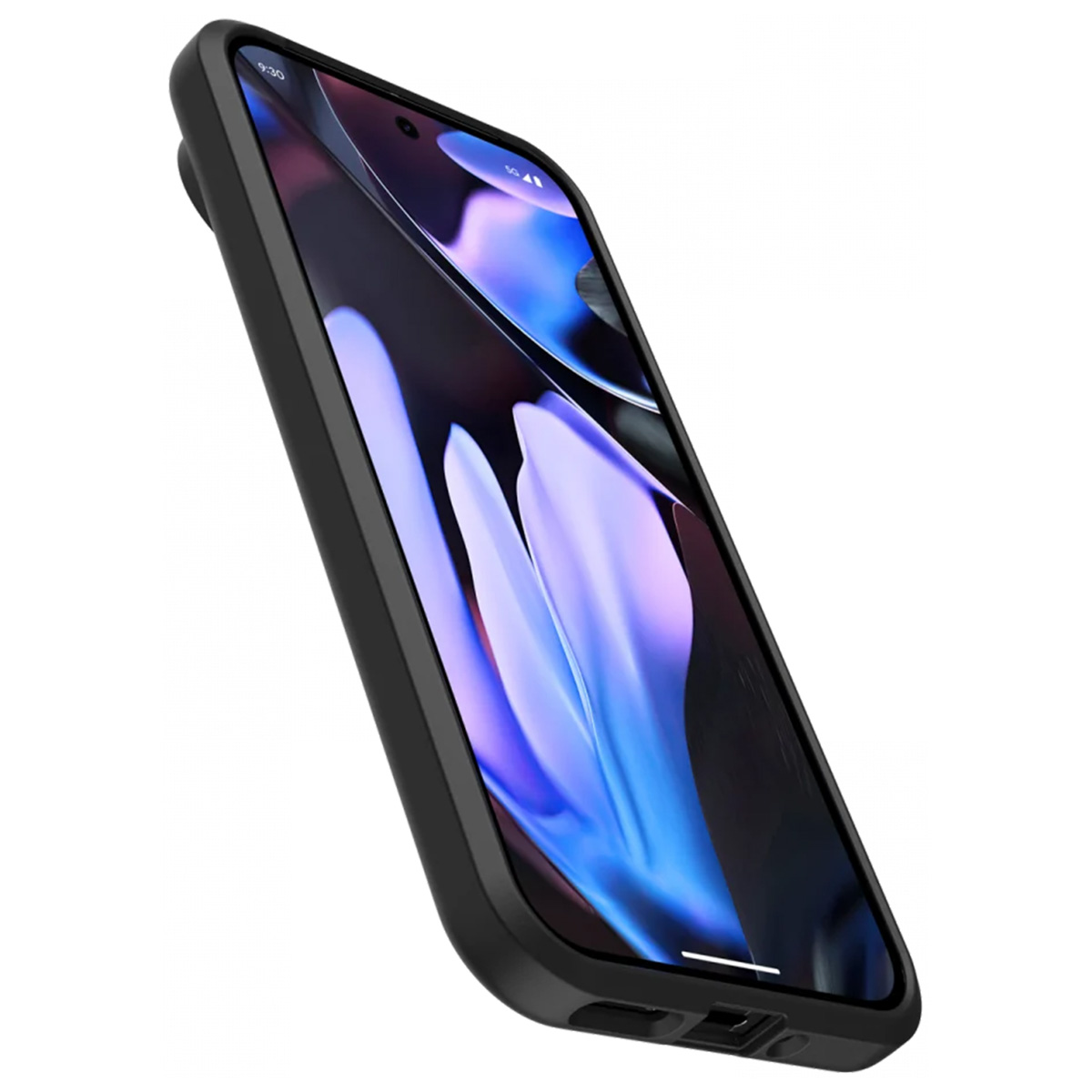 Un telefono nero angolato, che mostra uno sfondo viola scuro.