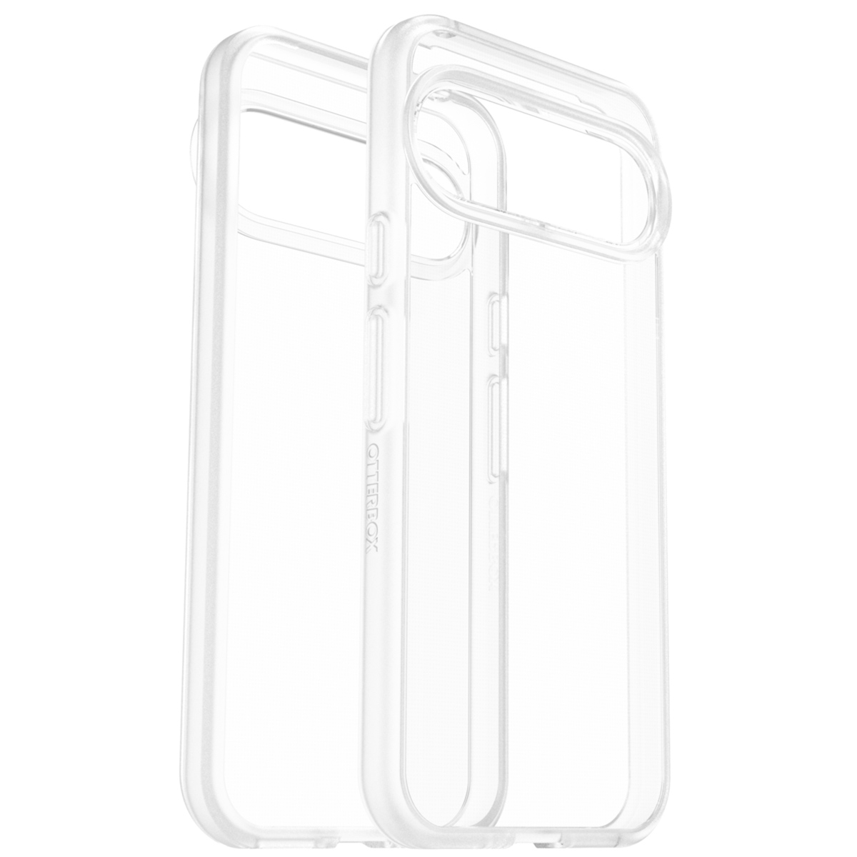 Custodia trasparente per telefono, due metà, con bordi e ritaglio della fotocamera visibili.