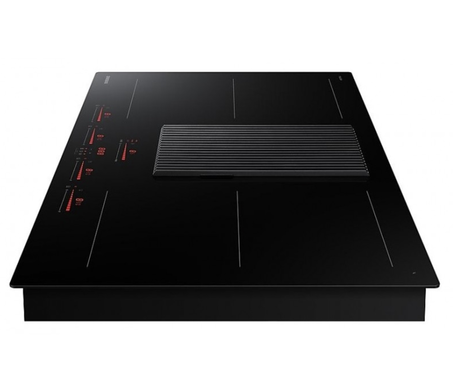 Piano cottura a induzione nero con ventola integrata e display rosso.
