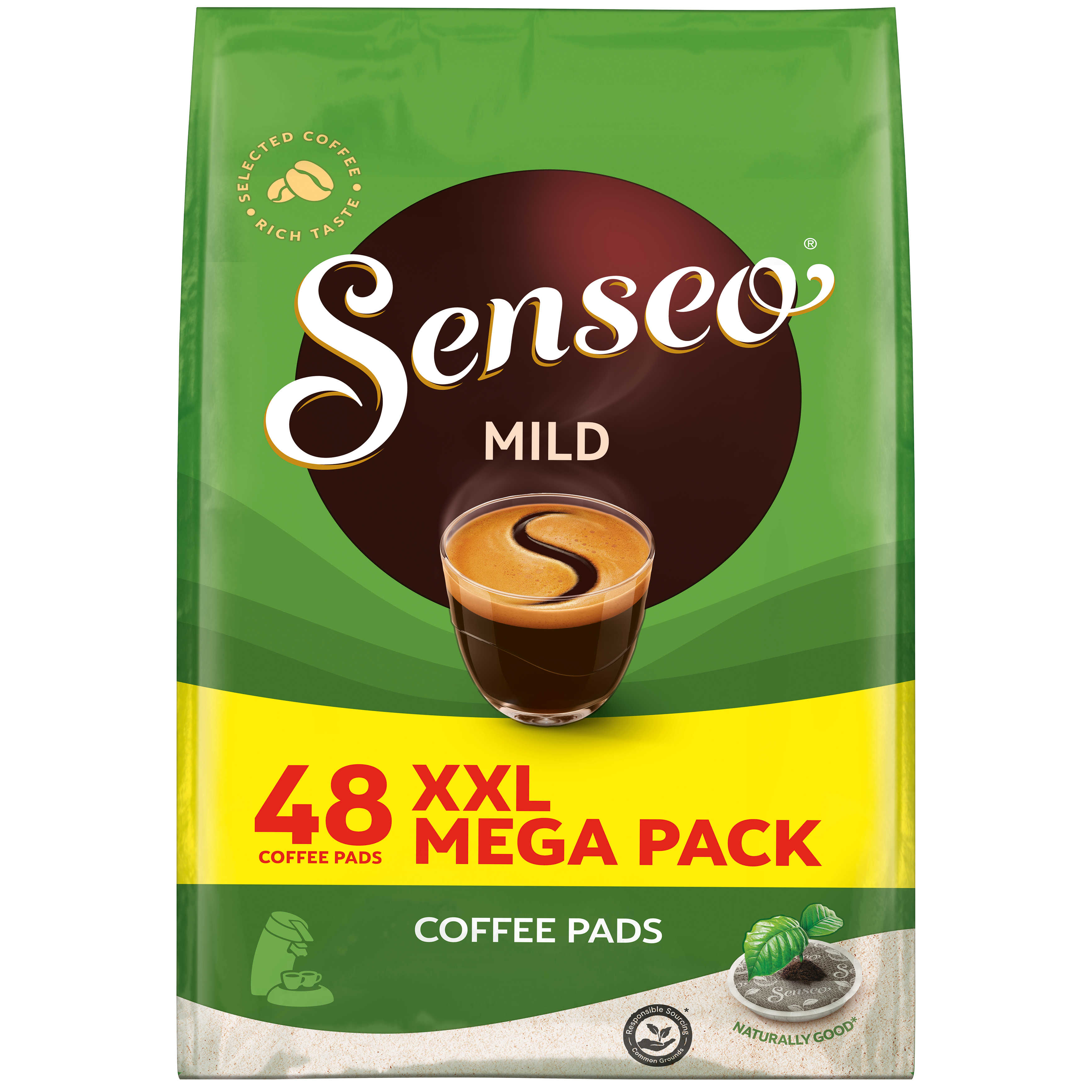 Eine grüne Packung Senseo Kaffeepads. Sie zeigt eine Tasse Kaffee und die Worte 'Senseo Mild'.