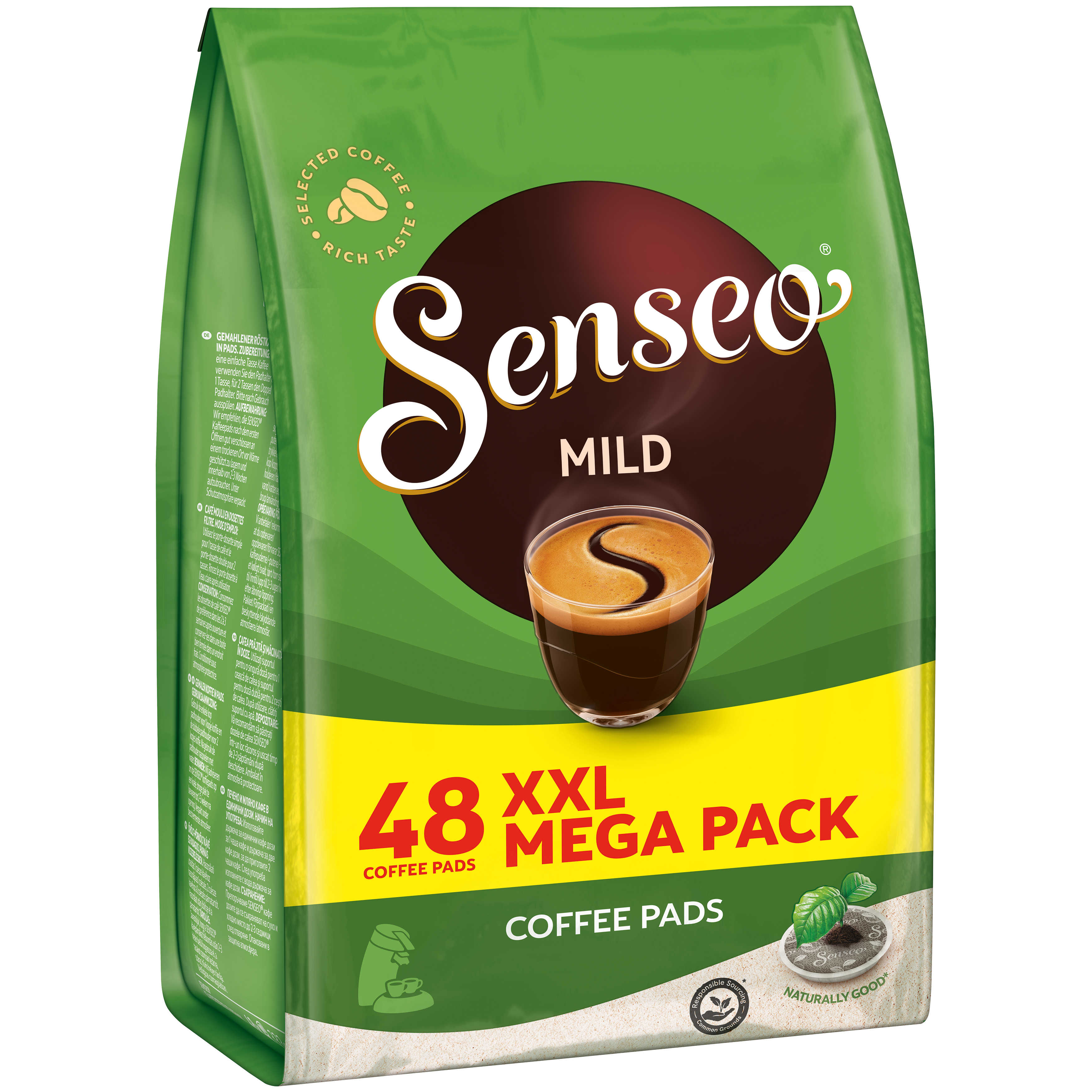 Grüne Packung Kaffeepads. Text: 'Senseo Mild 48 XXL Mega Pack'. Eine Tasse Kaffee wird gezeigt.