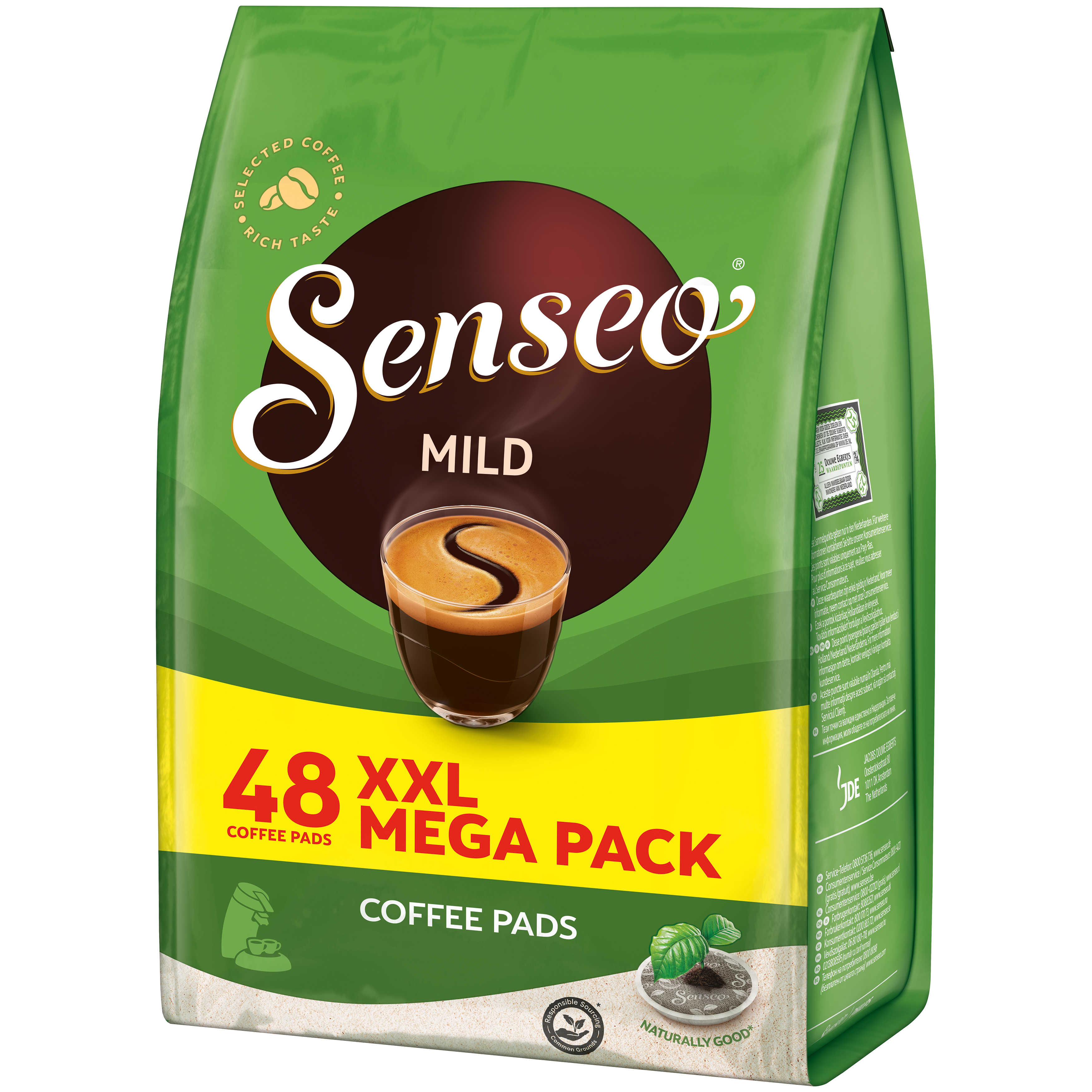 Grüne Kaffeepads-Packung mit Kaffeetassenbild. Grün-weiße Verpackung. Text und Logos sichtbar.