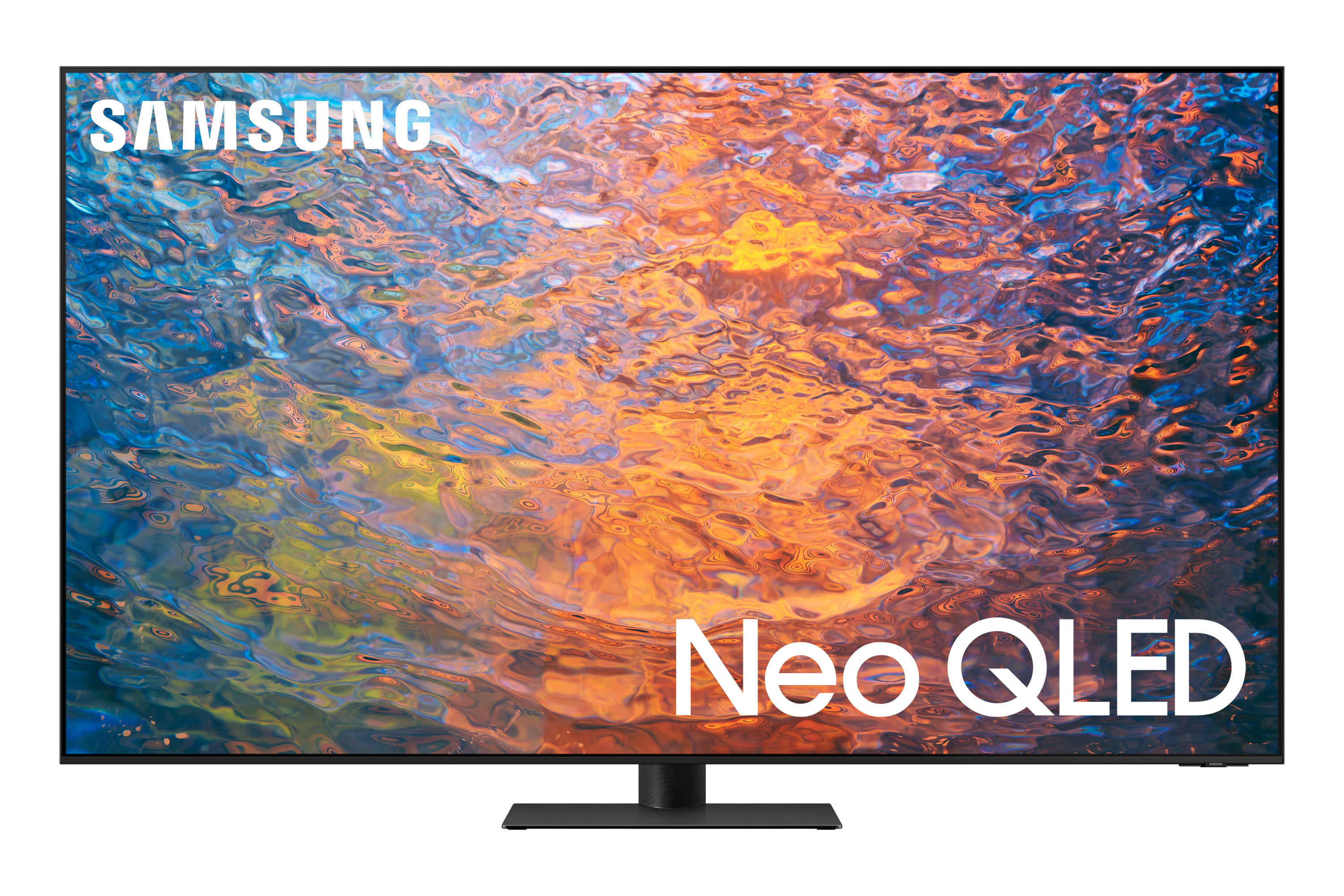 TV Samsung Neo QLED: Cornice nera con un ampio schermo. Visualizzazione di motivi colorati astratti.