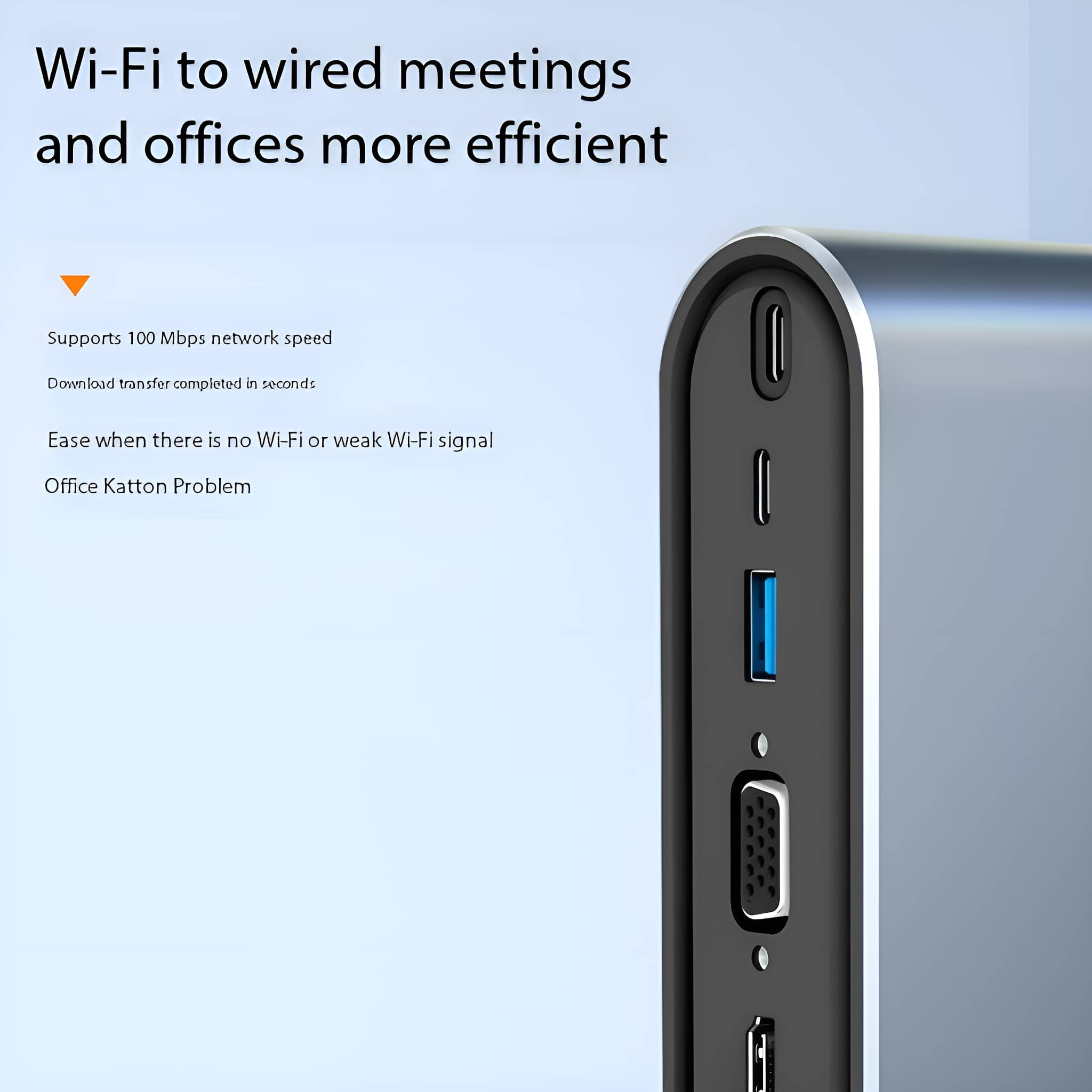 Nahaufnahme eines silbernen Hubs mit mehreren Anschlüssen. Text: WLAN für kabelgebundene Meetings und Büros effizienter. Unterstützungstext unten.