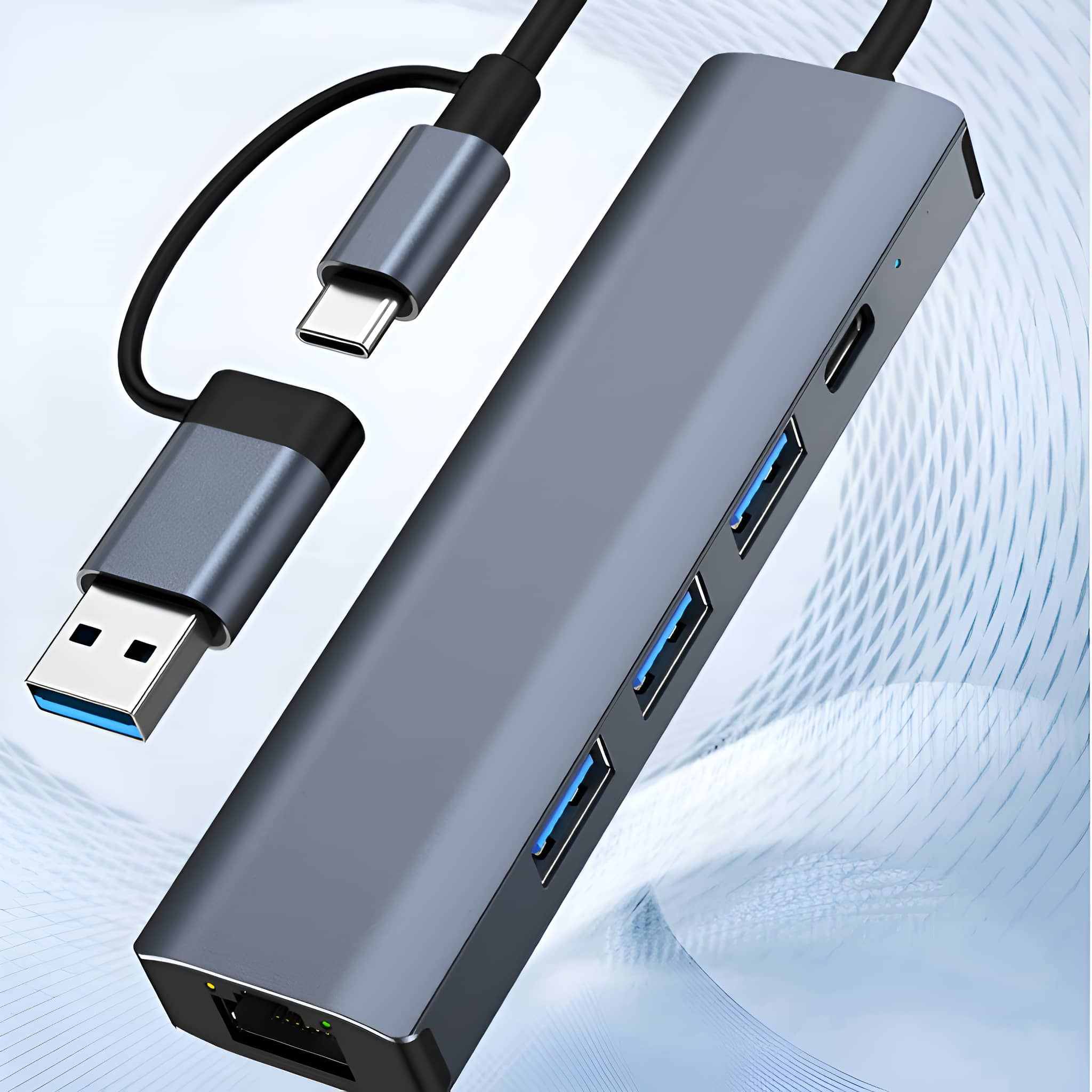 Grauer USB-Hub mit USB-C- und USB-A-Anschlüssen. Text: USB-Hub. Blaue USB-Anschlüsse sichtbar.
