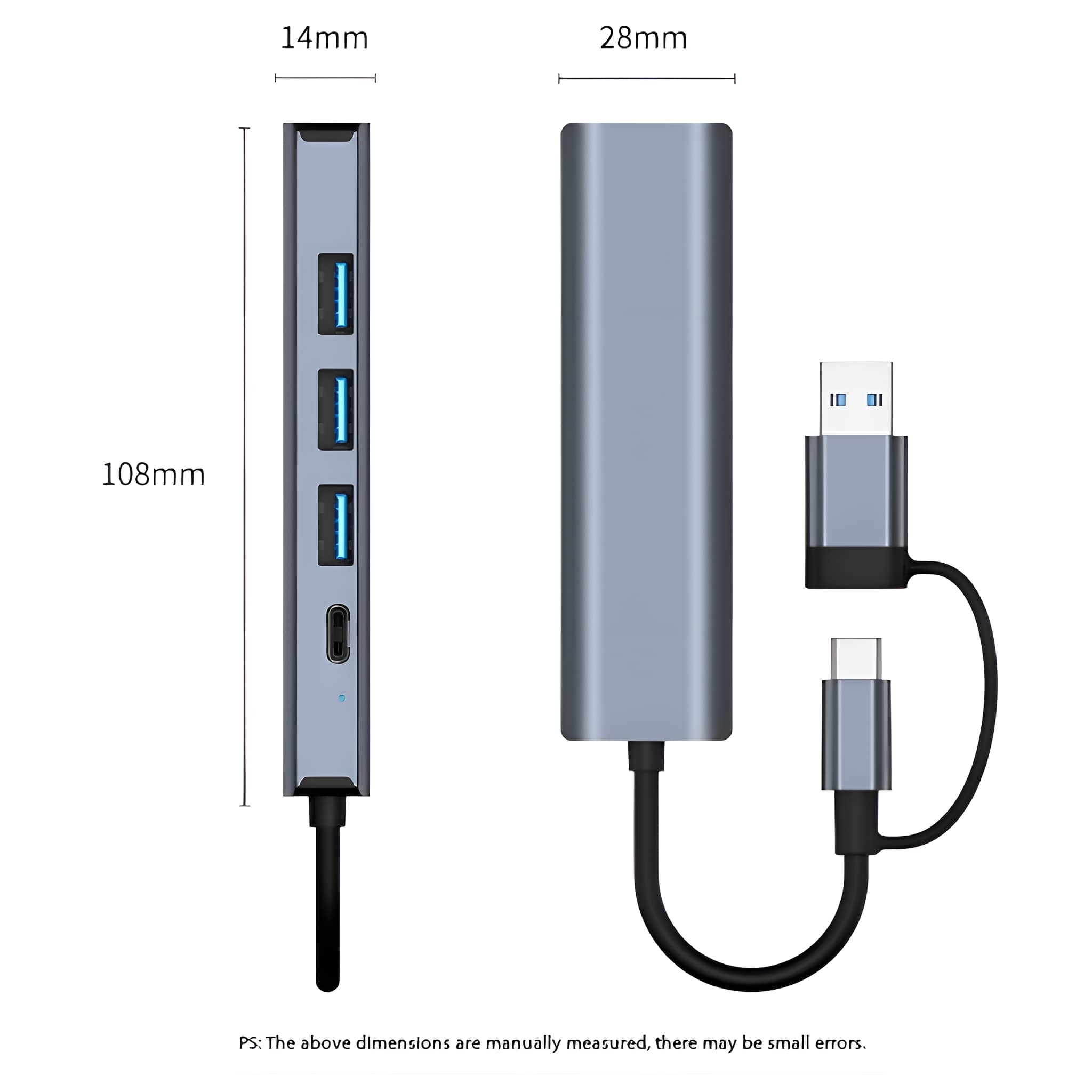 Grauer USB-Hub mit Abmessungen. Hat USB-Anschlüsse und einen USB-C-Anschluss, schwarzes Kabel, auf weißem Grund.