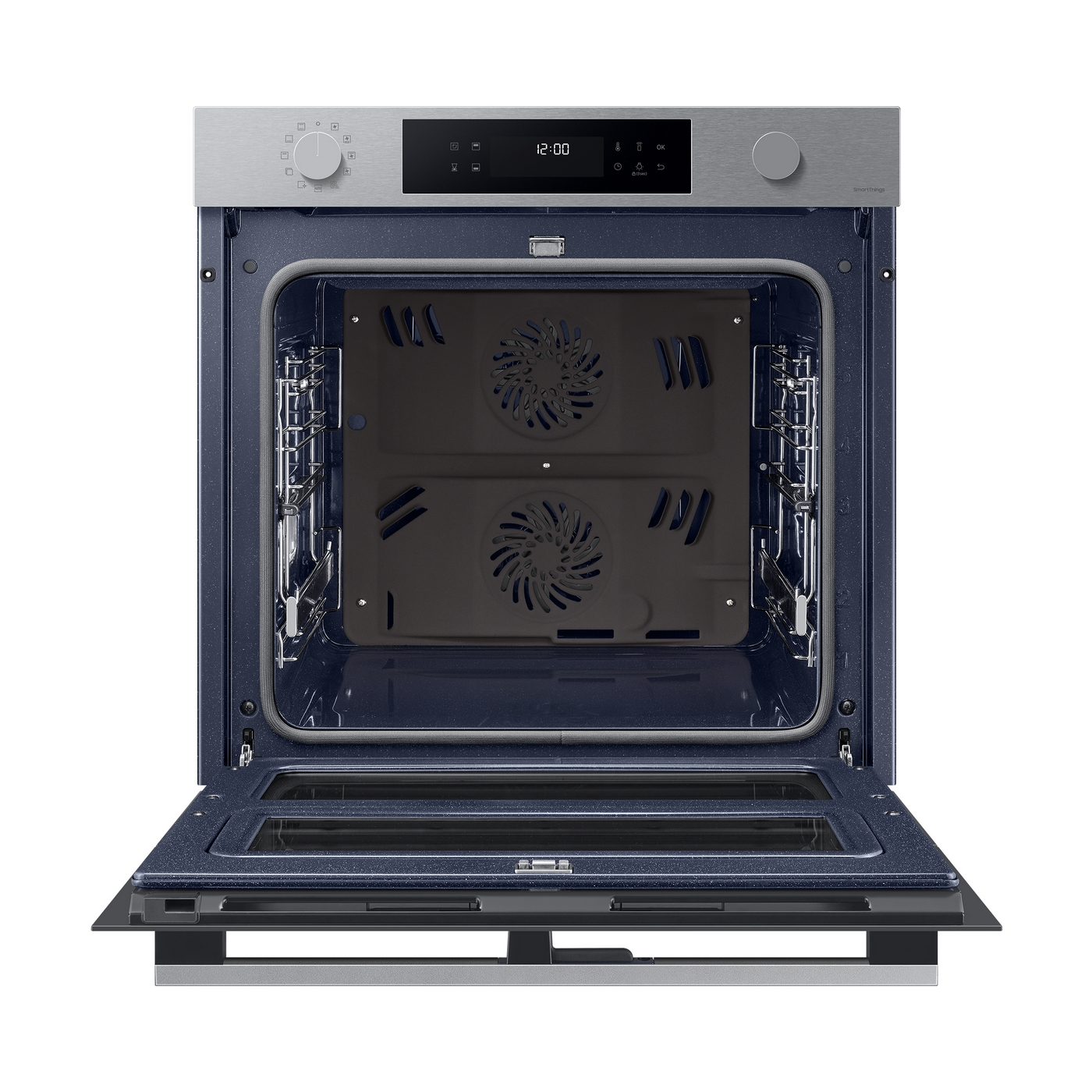 Forno aperto con piano in acciaio inox e interno blu. Porta del forno aperta.