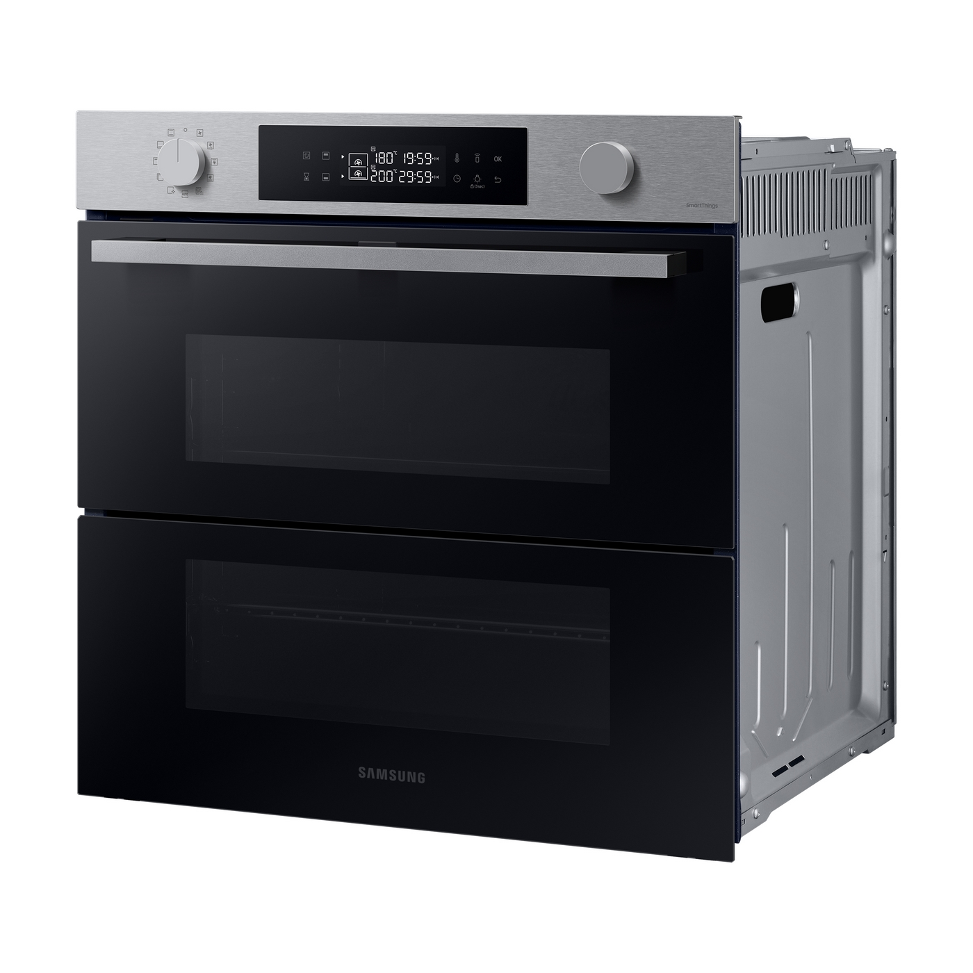 Doppio forno; frontale in acciaio inox; porte in vetro nero.