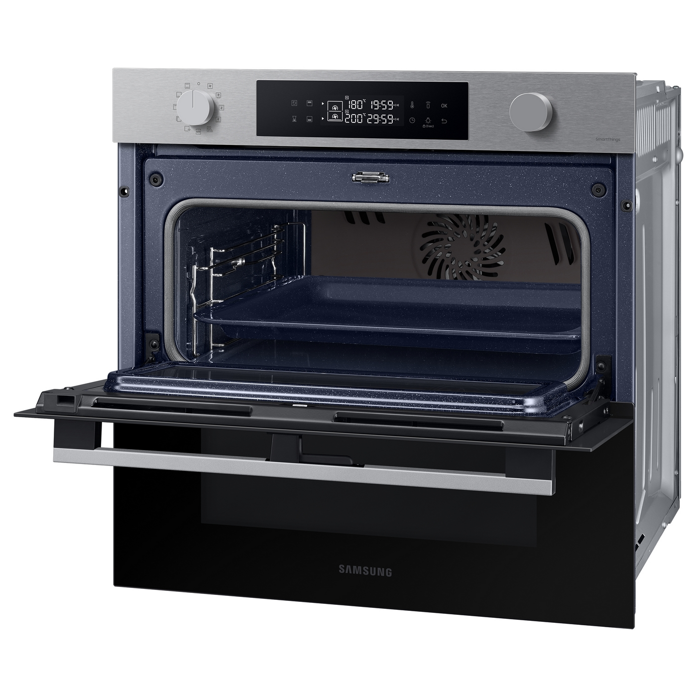 Forno Samsung argento e nero, porta aperta. Interno con vassoi e pannello di controllo in alto.