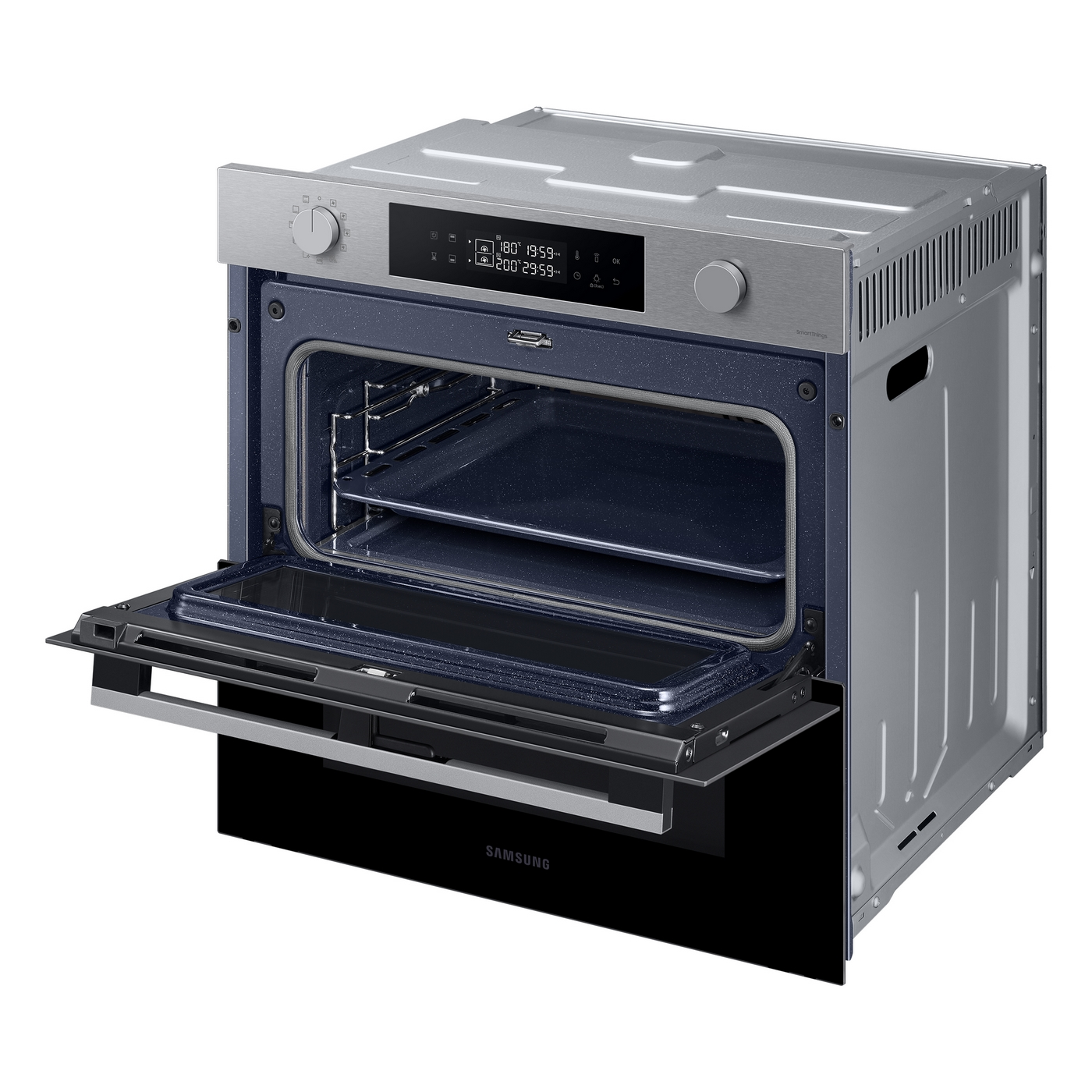 Forno aperto con display, manopole e luci interne.