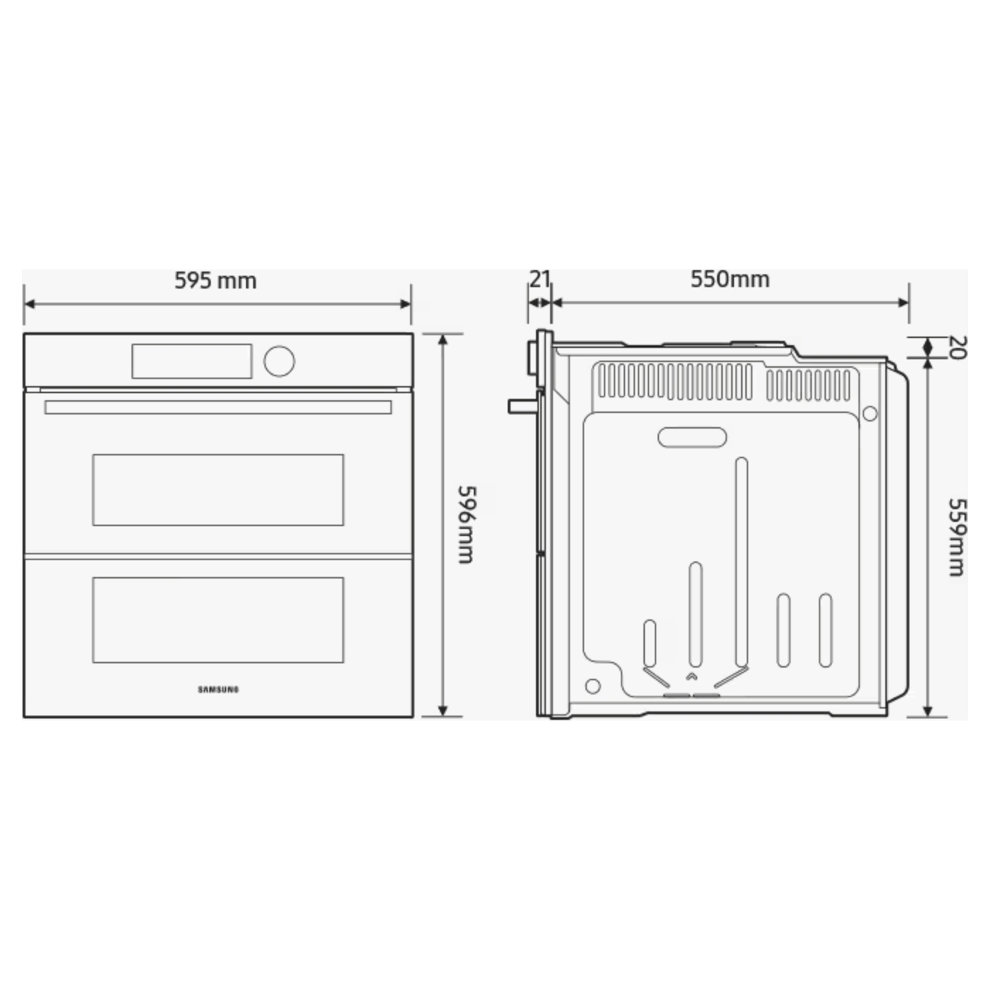 Diagramma di un forno Samsung, vista frontale e posteriore con dimensioni in mm. 595x596x550mm.