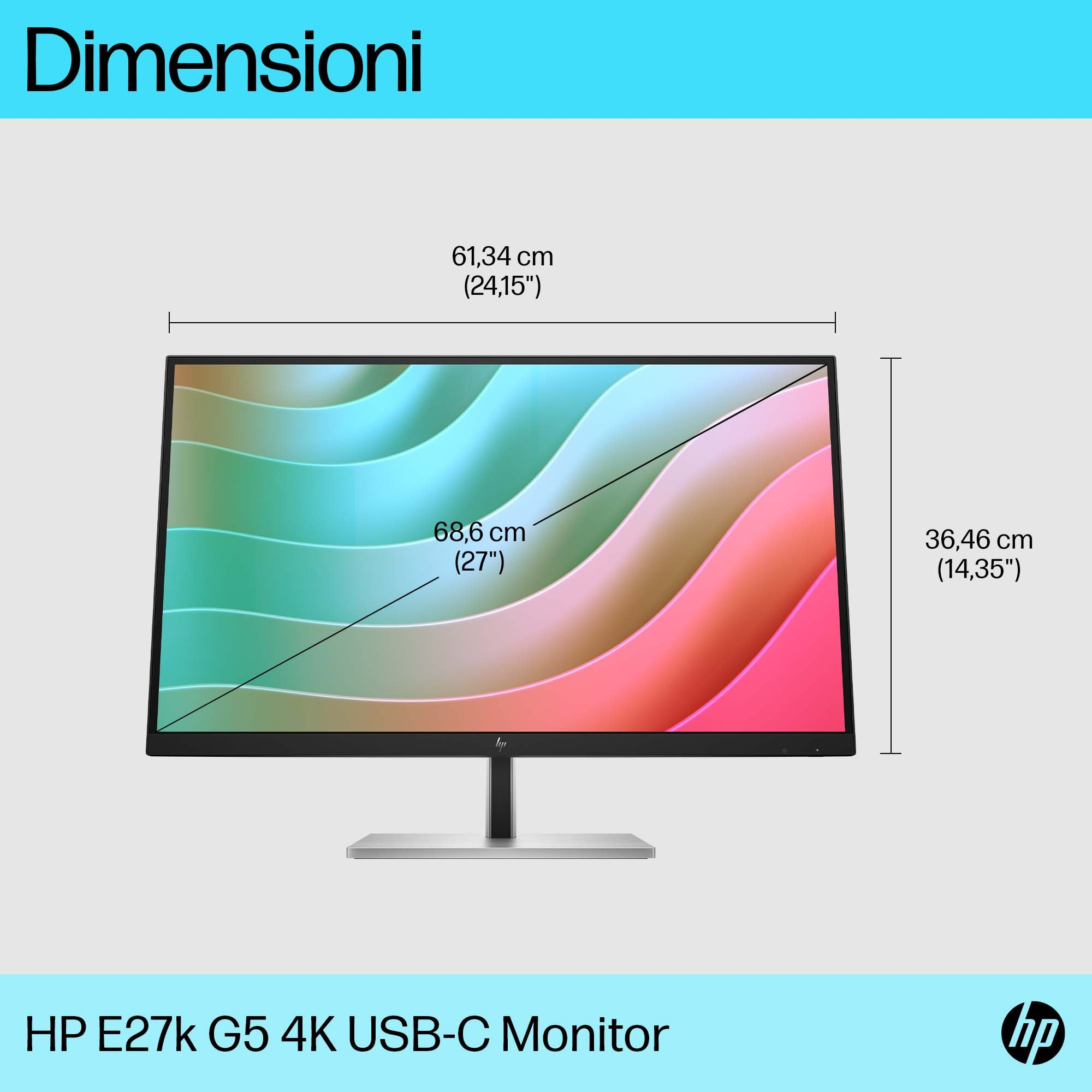 Monitor z wyświetlonymi wymiarami i tekstem 'HP E27k G5 4K USB-C Monitor' na jasnym tle.
