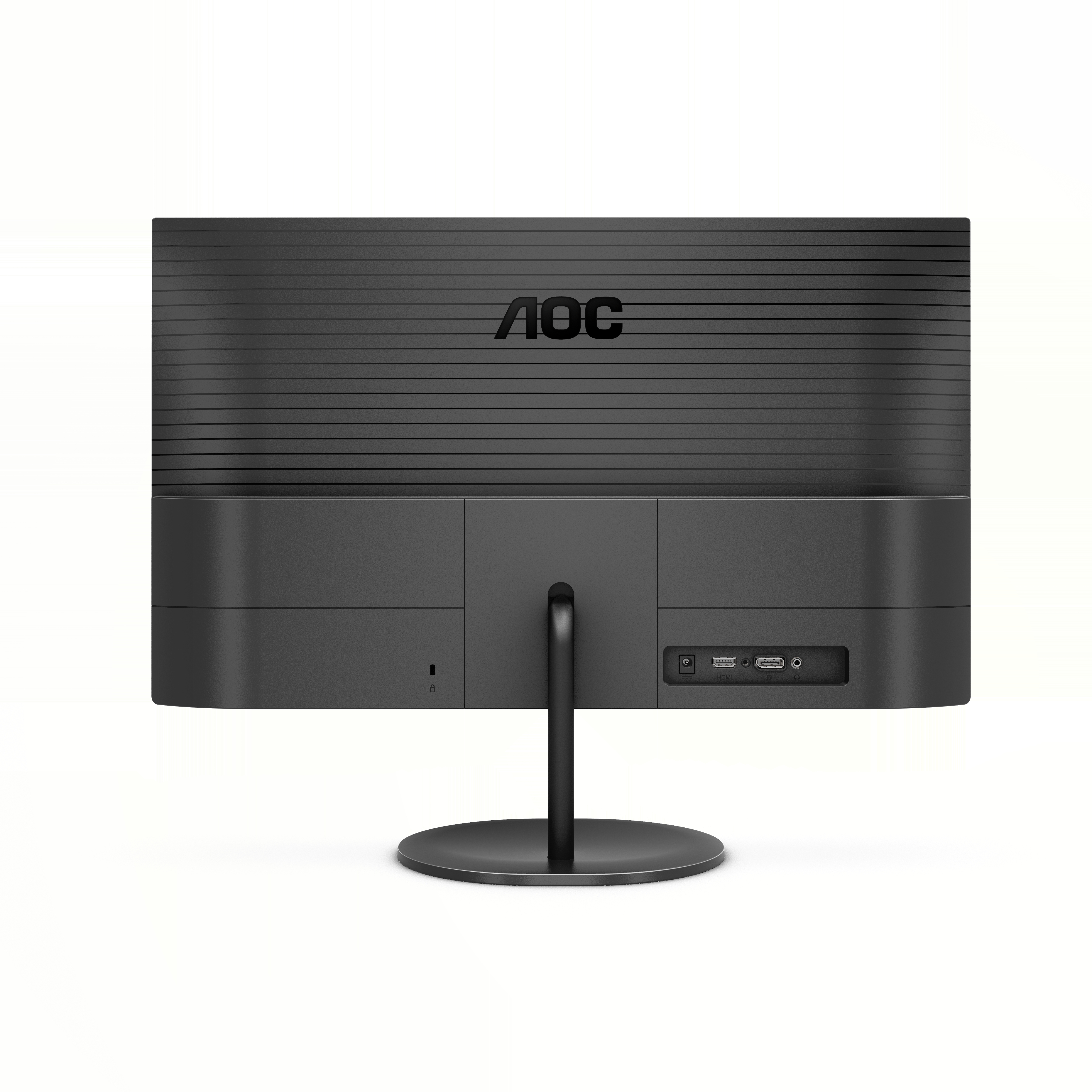 Rückseite eines schwarzen Computermonitors mit AOC-Logo und Anschlüssen. Mit Ständer und gerippter Rückseite.