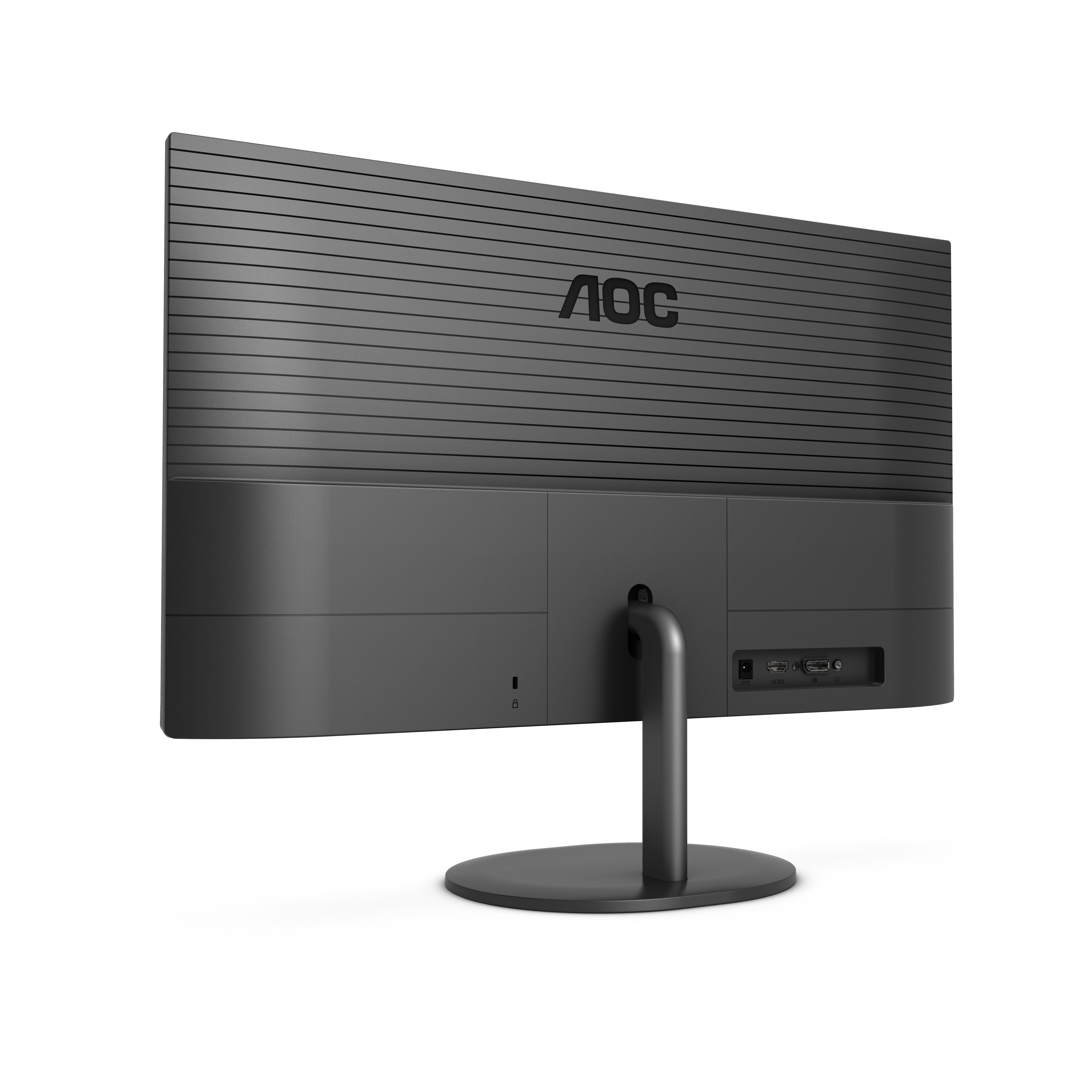 Die Rückseite eines schwarzen AOC-Monitors mit Ständer, mit Anschlüssen und dem AOC-Logo.