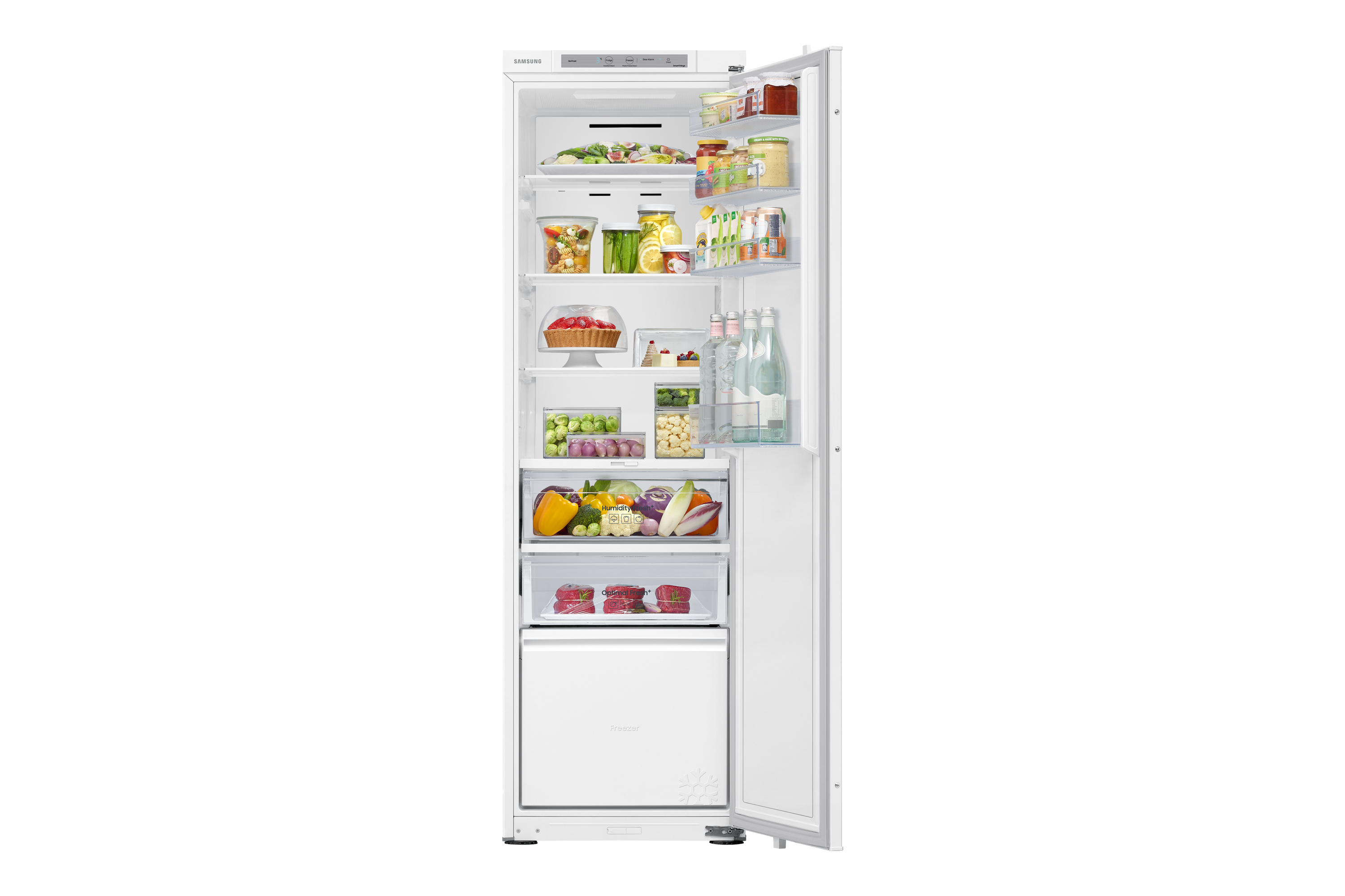 Frigorifero con porta aperta; pieno di alimenti.