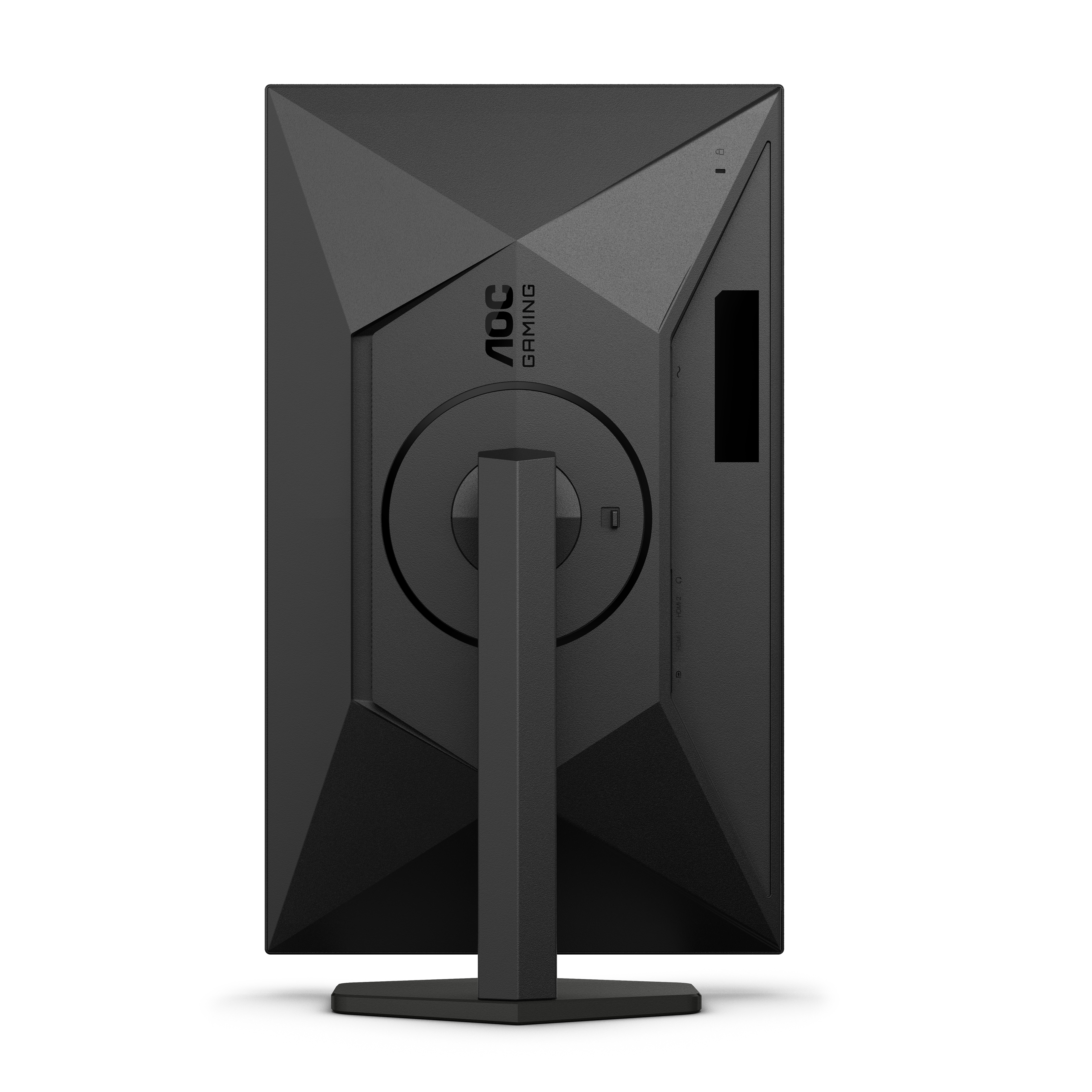 Parte trasera de un monitor AOC Gaming negro, diseño geométrico, con soporte.