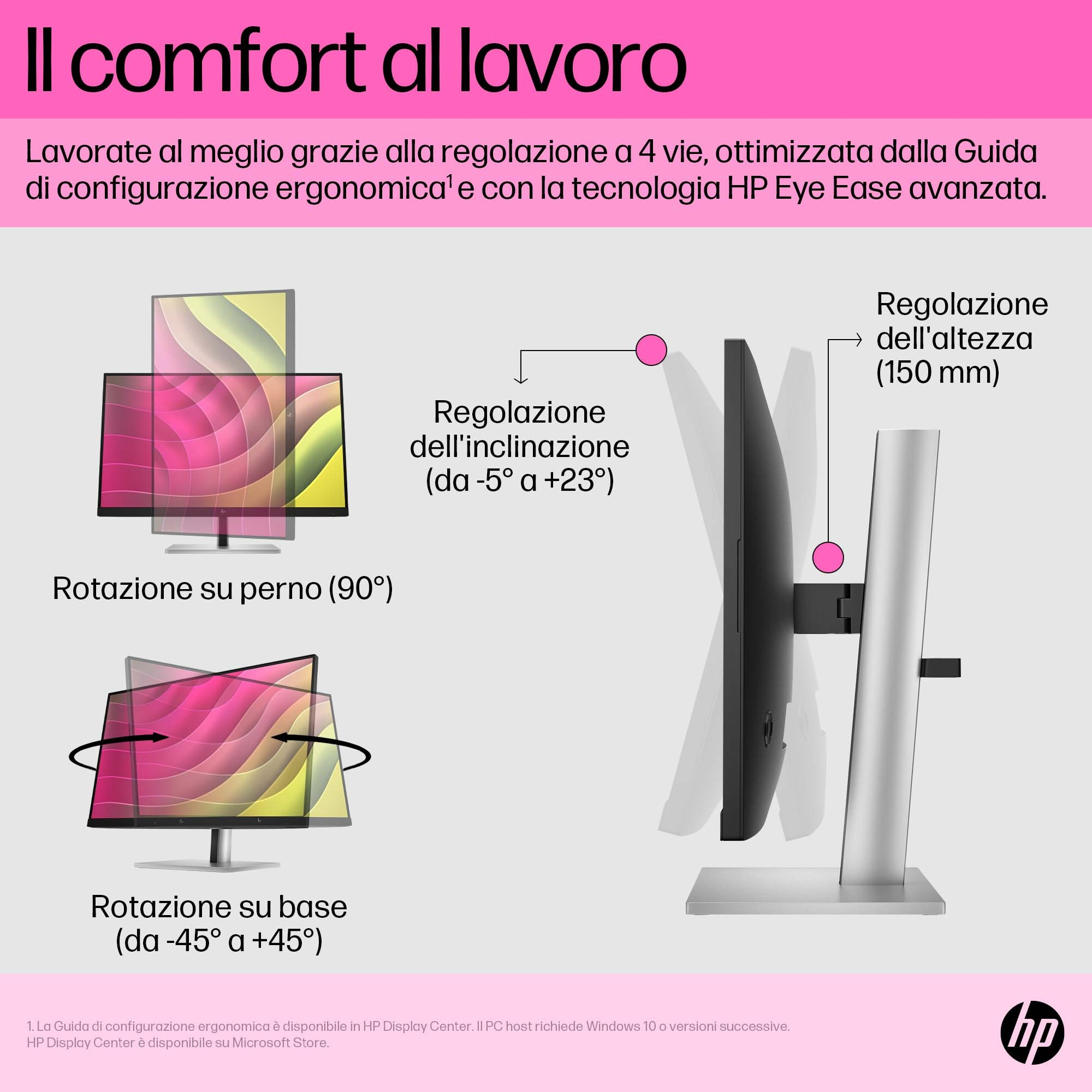Diagram pokazujący regulację monitora, w tym wysokość i pochylenie.