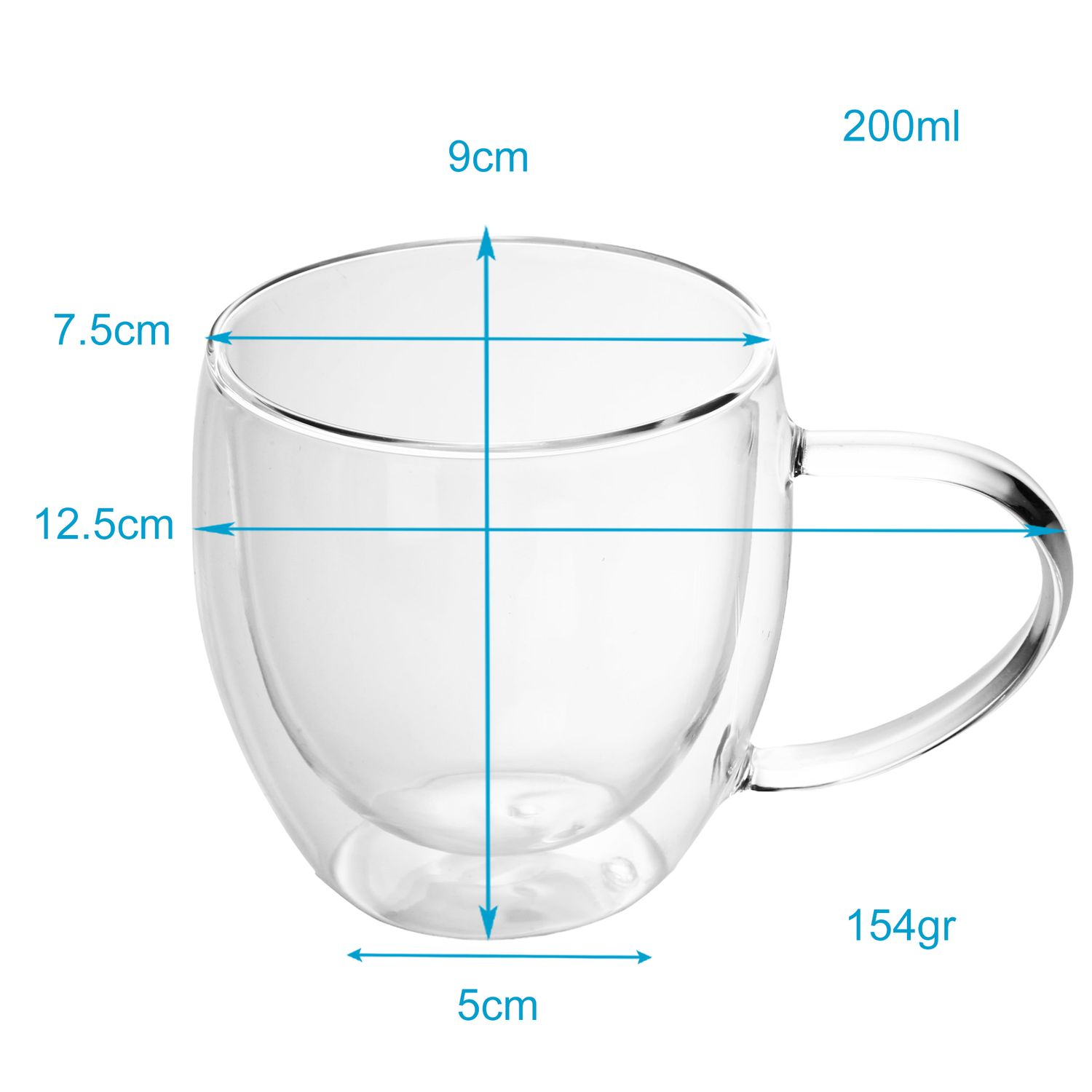 Transparenter Glasbecher mit Maßen: 9cm breit, 7,5cm hoch, 12,5cm lang, 5cm Durchmesser.