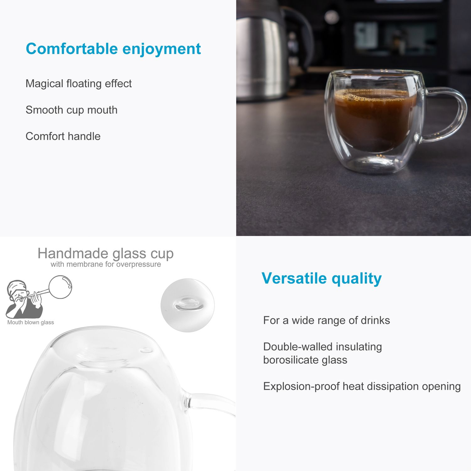 Ein doppelwandiger Glasbecher mit Kaffee. Text beschreibt Merkmale: Griff, Mund und Glas.