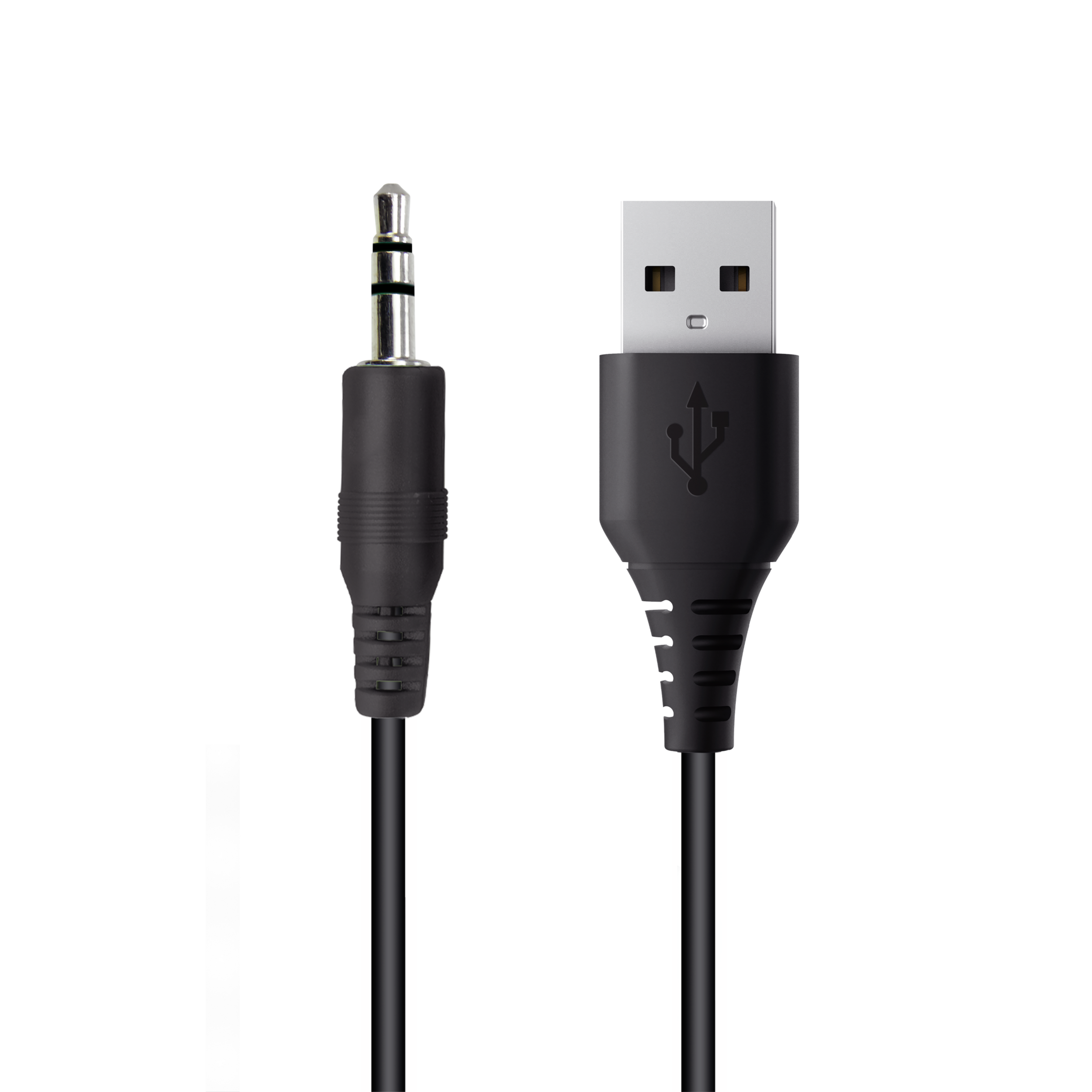 Czarny kabel audio jack do USB. Oba końce widoczne na czarnym tle.