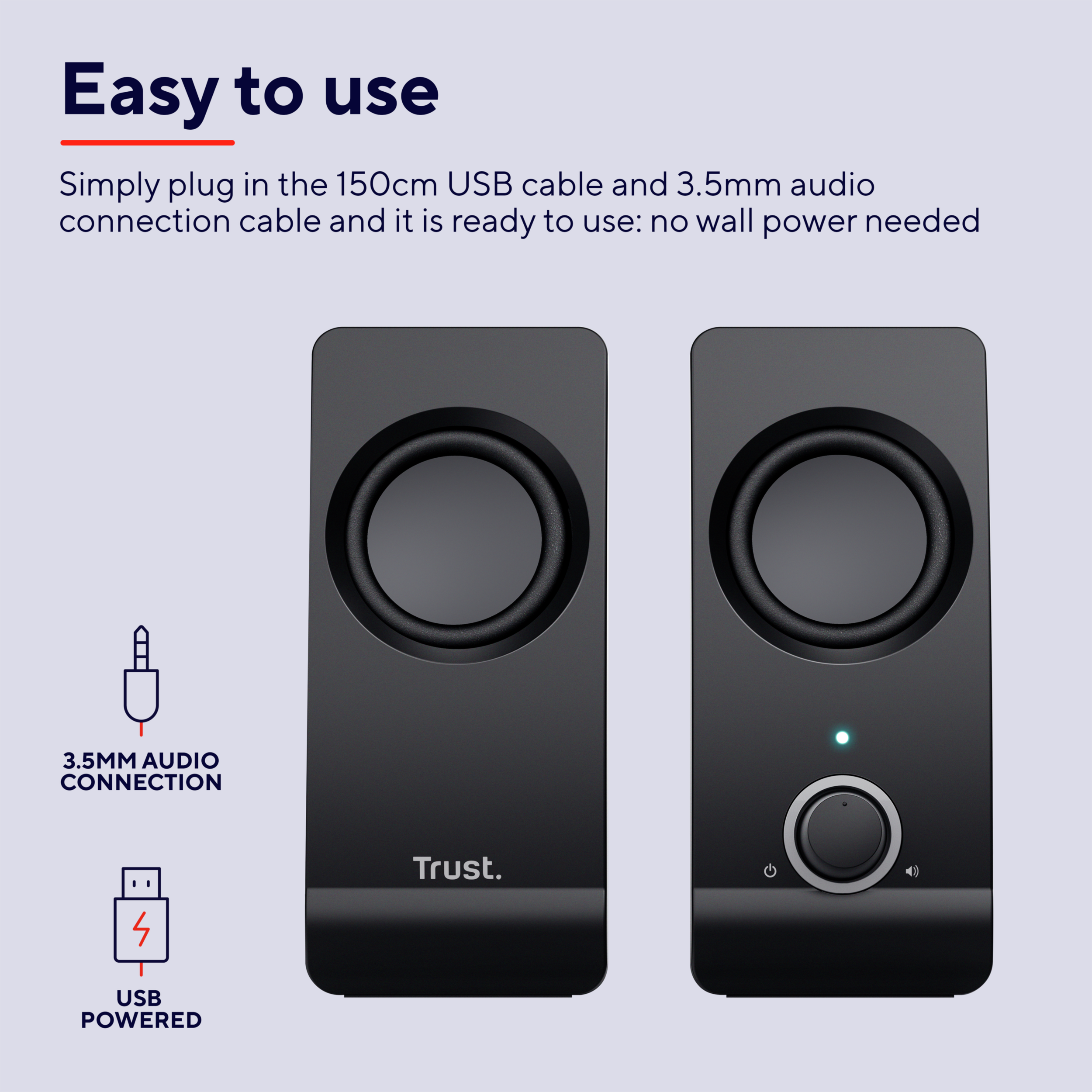 Dwa czarne głośniki z kablem USB i kablem audio 3,5 mm. Tekst: 'Łatwy w użyciu' i 'Zasilany przez USB'.