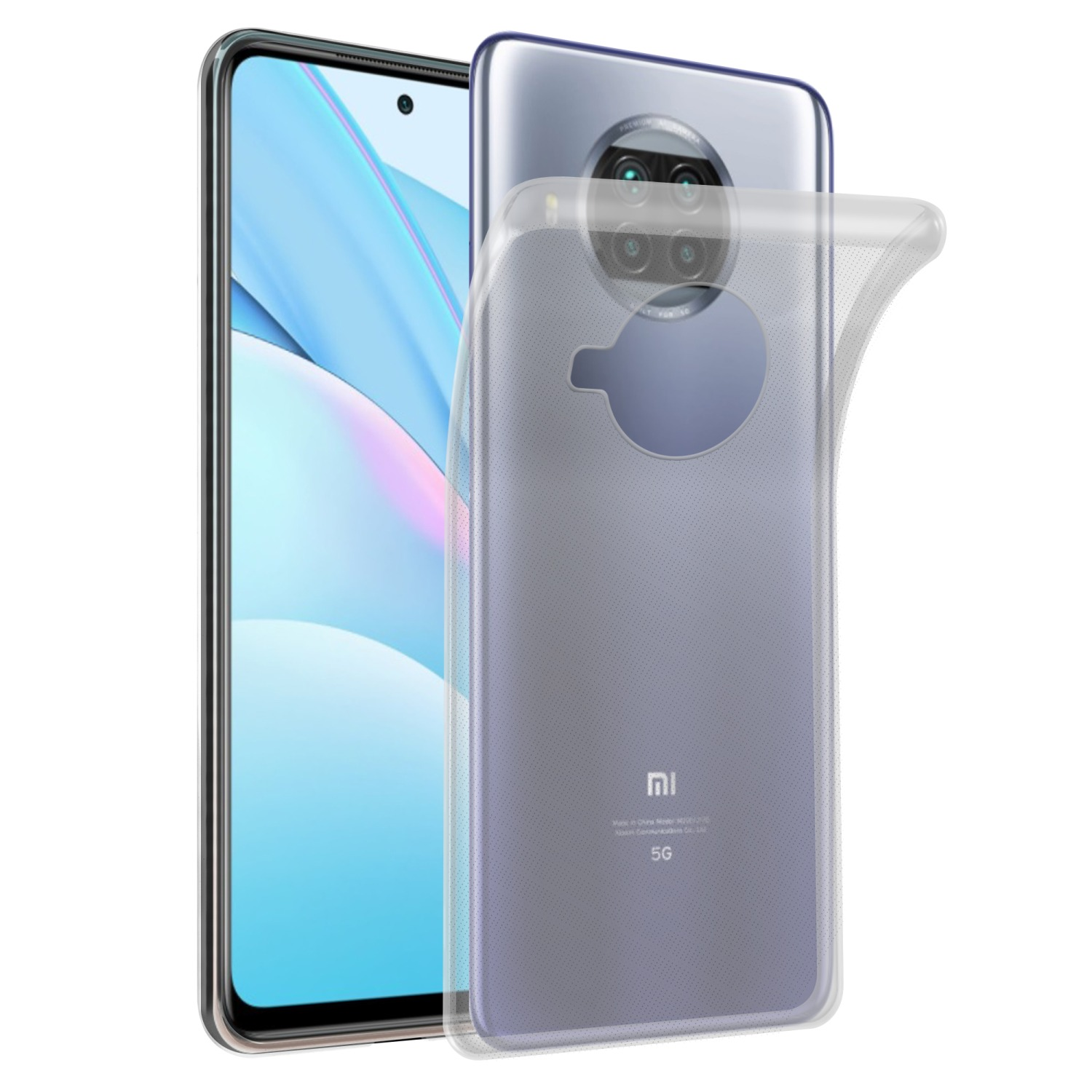 Smartphone mit transparenter Hülle, Rückseite des Telefons sichtbar, und transparente Schutzfolie über dem Bildschirm.