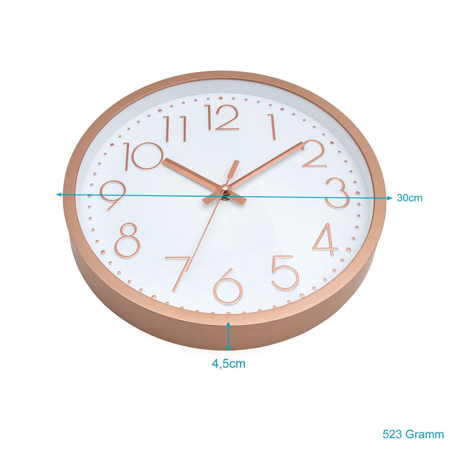 Runde Wanduhr mit roségoldenem Rahmen. Weißes Zifferblatt mit roségoldenen Zahlen und Zeigern.