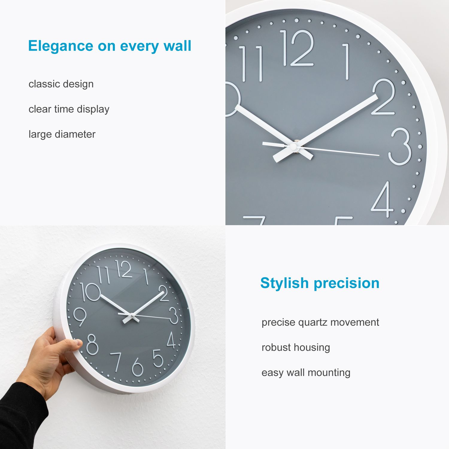 Eine Wanduhr mit weißem Rahmen und grauem Zifferblatt. Details zu Design und Präzision werden gezeigt.