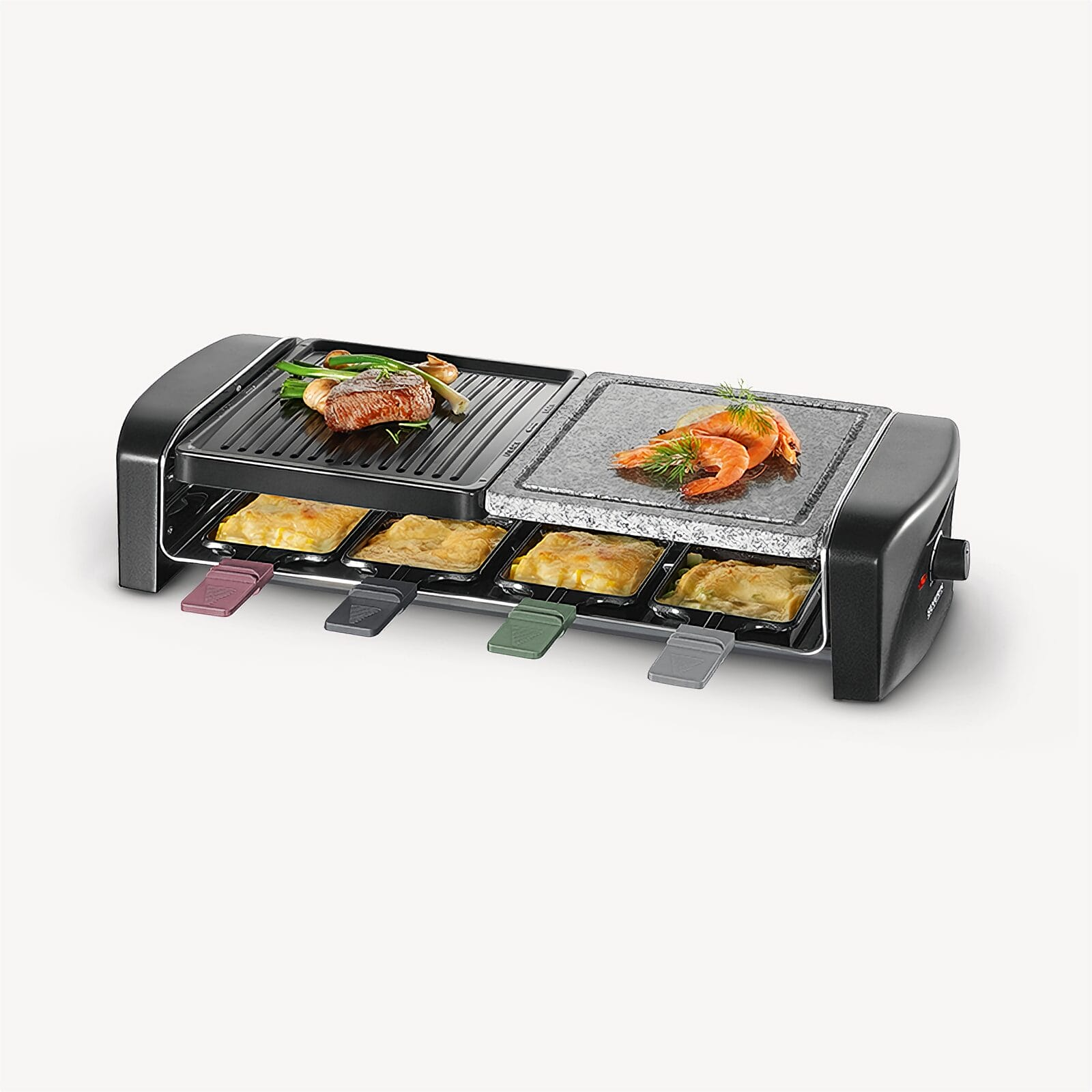 Grill do raclette z jedzeniem. Ser i mięso na górze, ser na dole. Czarny i srebrny design.
