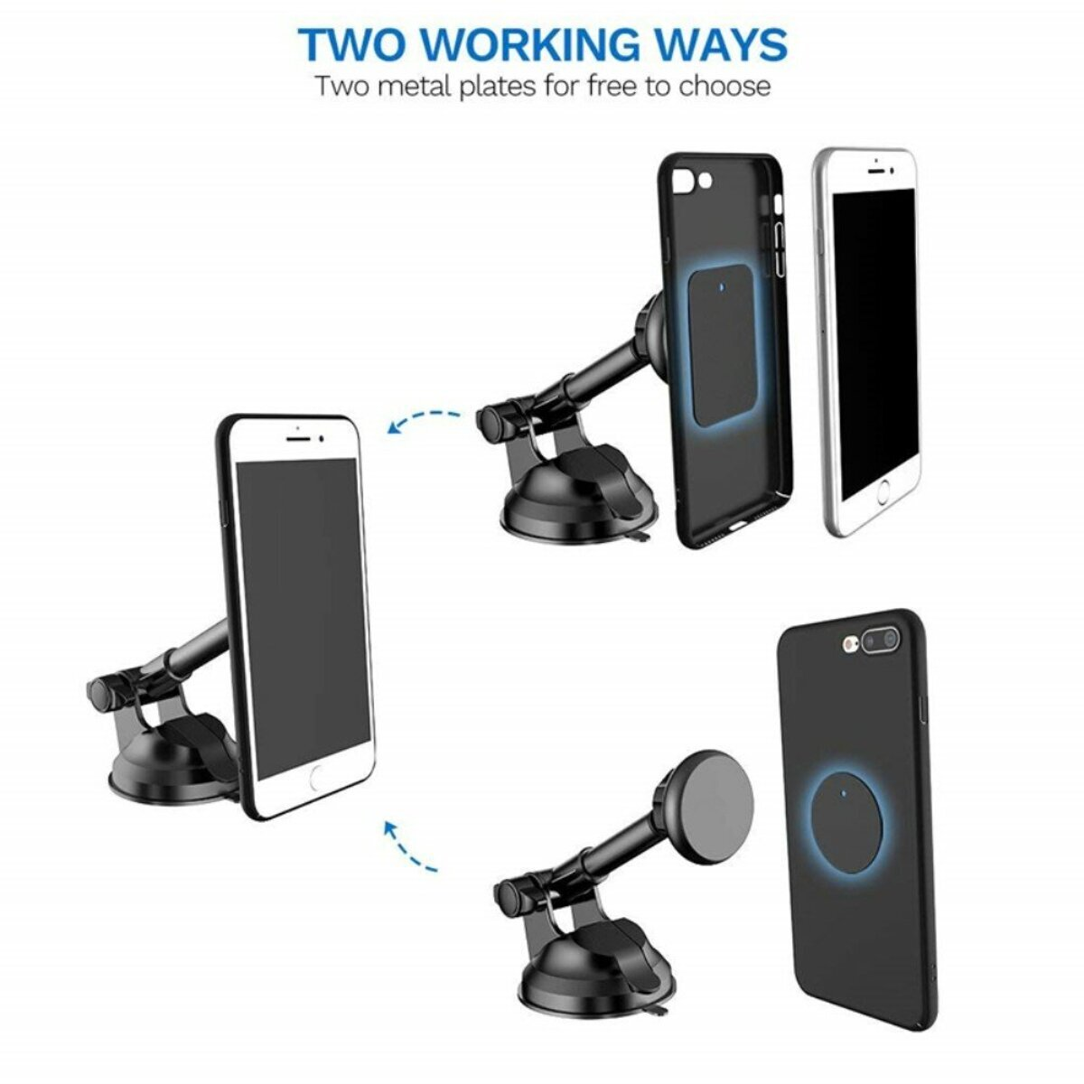 Mehrere Telefonhalter mit befestigten Telefonen. Die Halter sind schwarz, die Telefone sind weiß und schwarz.