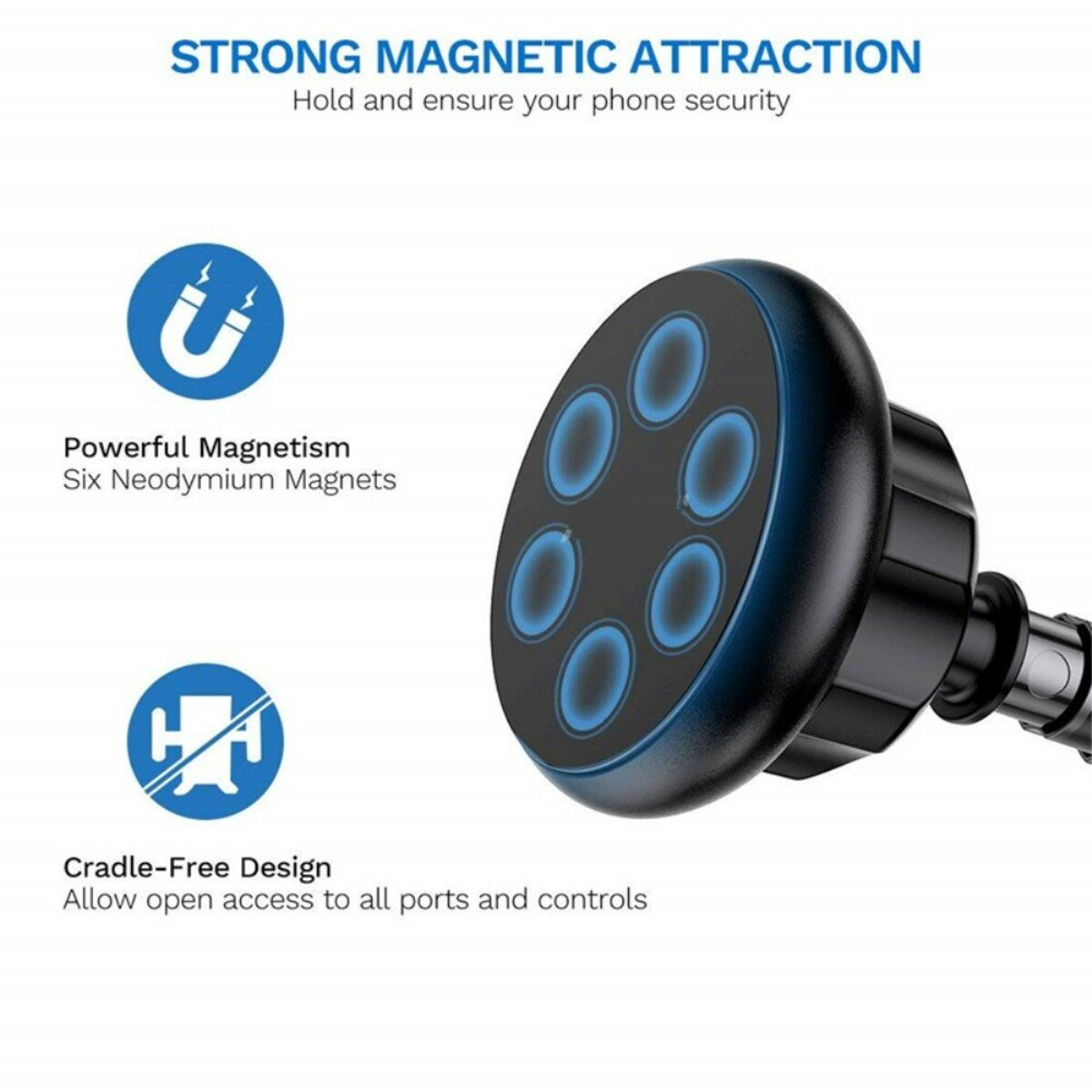 Ein magnetischer Telefonhalter mit sechs Magneten und Text.