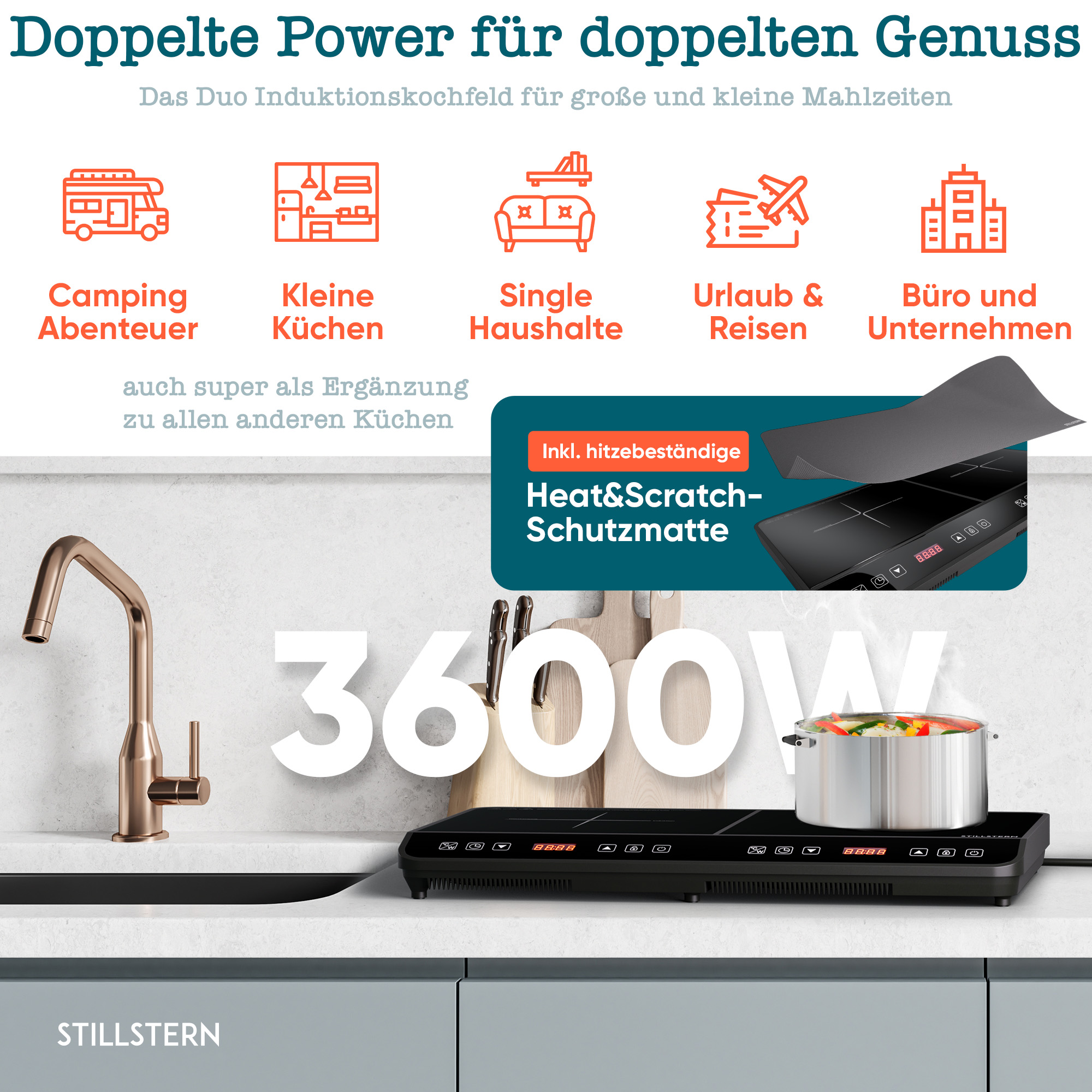 Ein schwarzes Induktionskochfeld mit silberner Armatur und einem Topf mit Essen auf einer weißen Arbeitsplatte.
