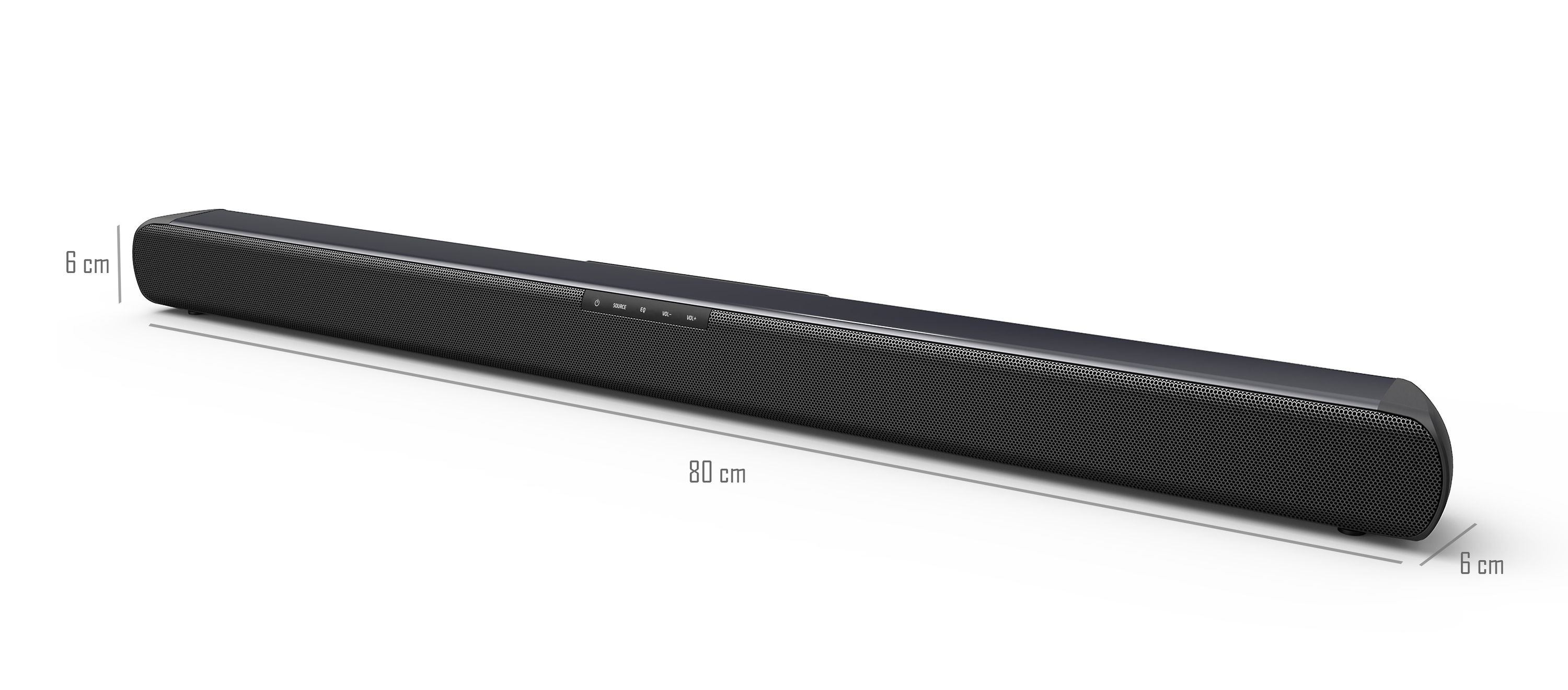 Schwarze Soundbar, 80 cm lang, mit Tasten. Die Tiefe beträgt 6 cm.