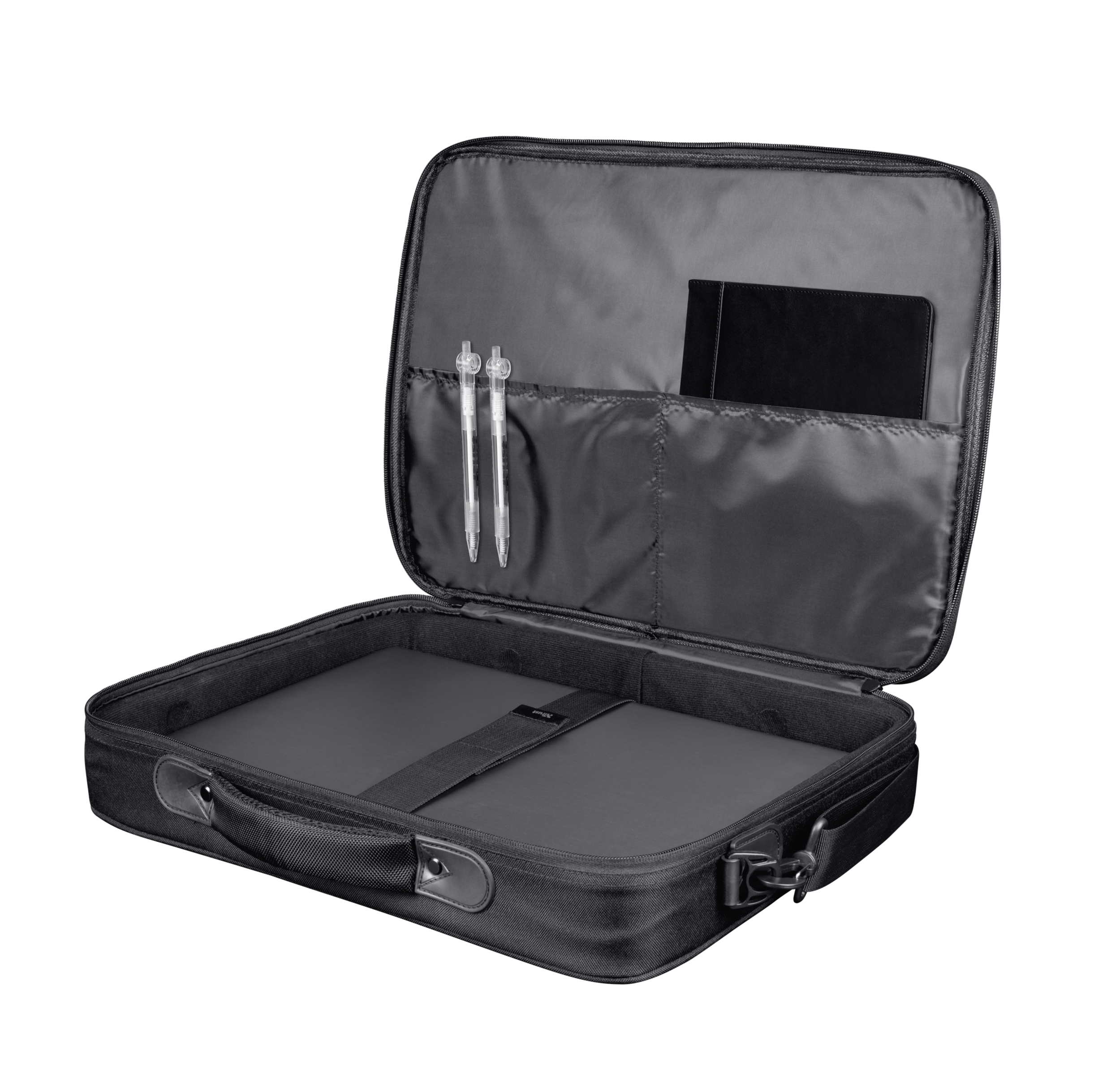 Un sac d'ordinateur portable noir, ouvert, révélant un ordinateur portable, des stylos et un carnet.