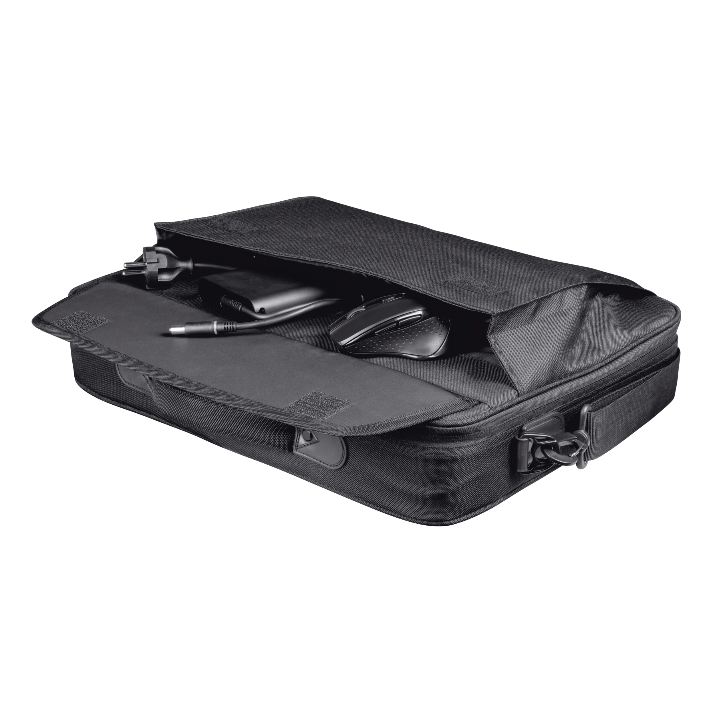 Sacoche pour ordinateur portable noire ouverte. Contient une souris, des câbles et un chargeur.