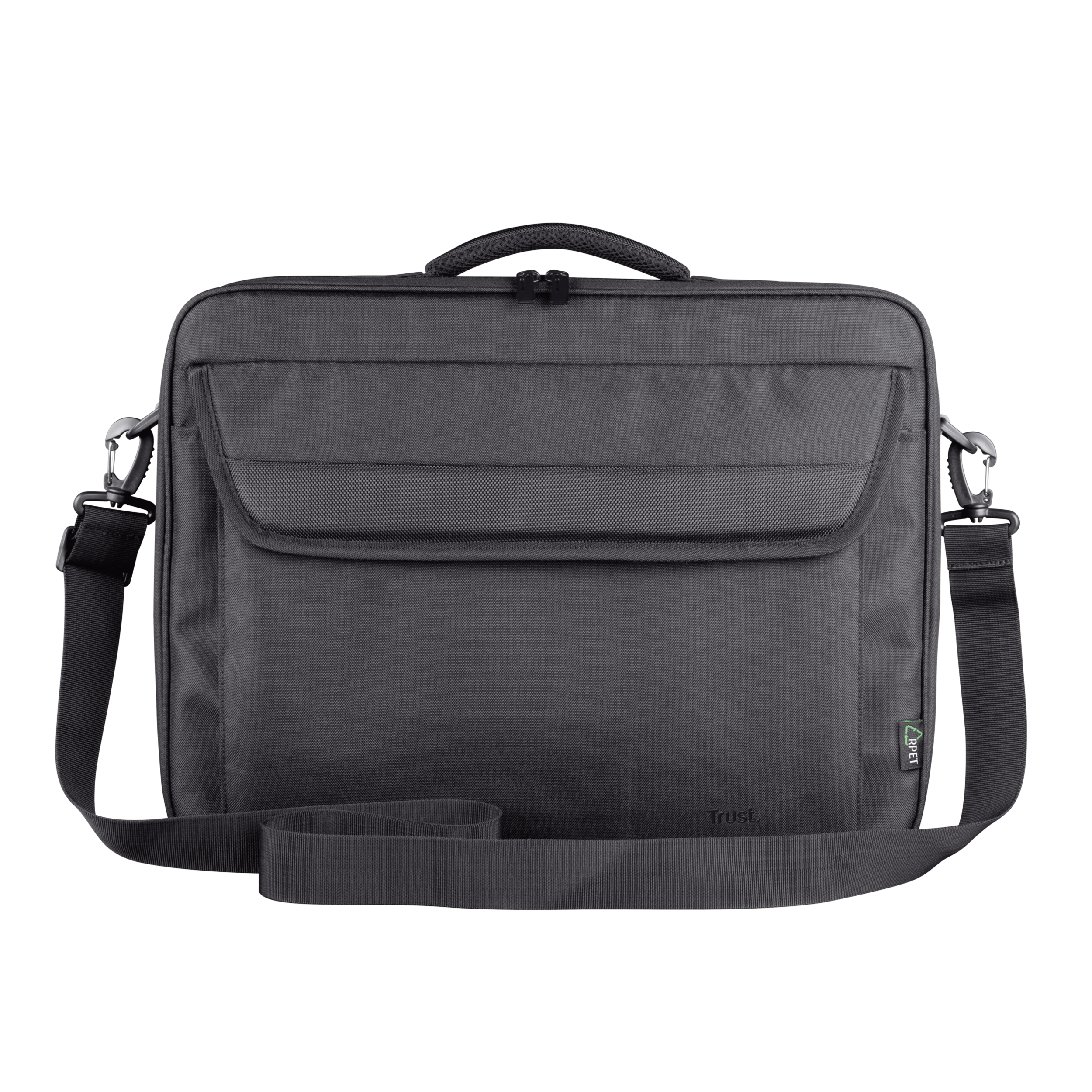 Sacoche pour ordinateur portable noir avec bandoulière. Il a une poche avant et un logo Trust.