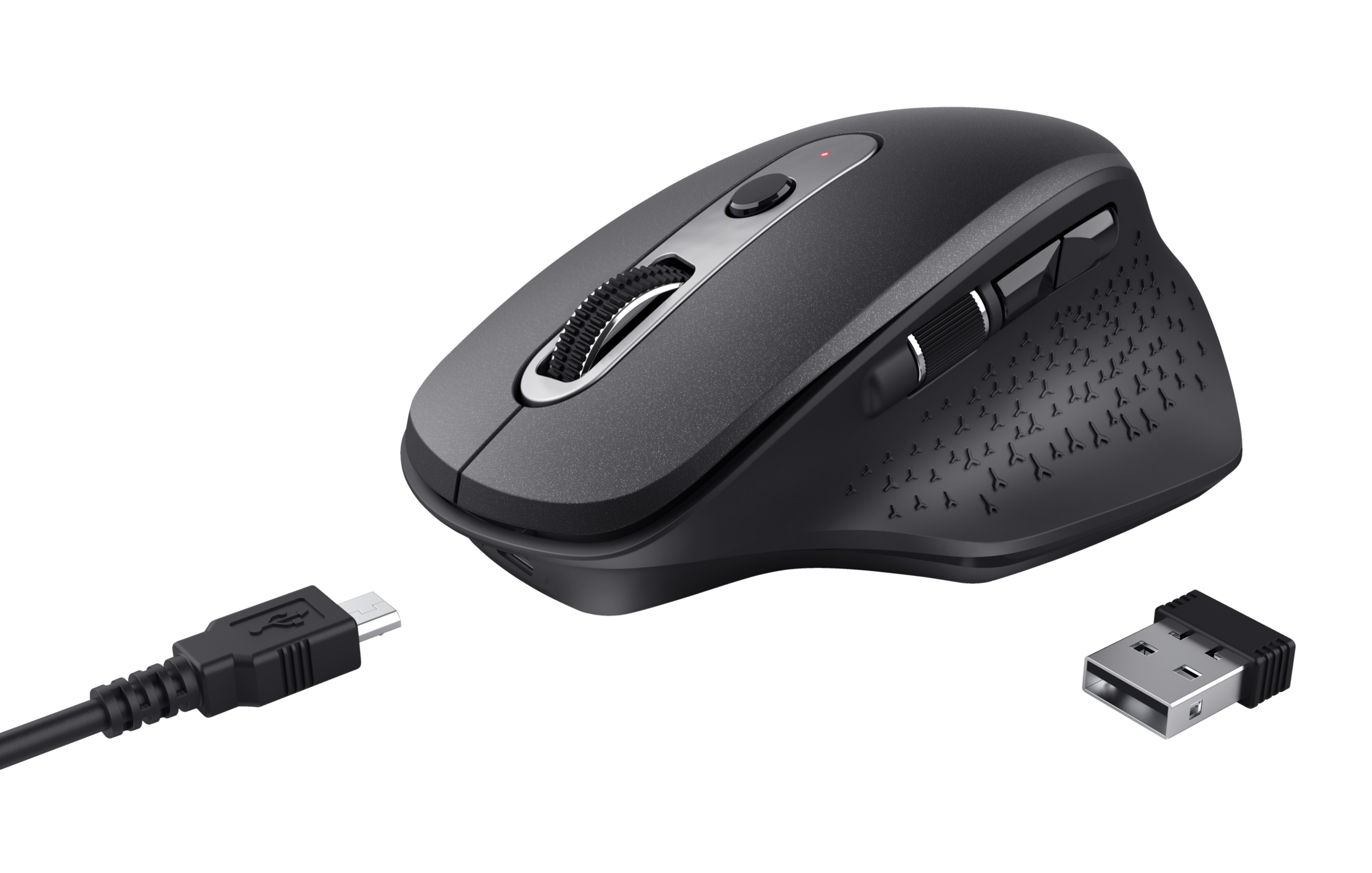 Ratón negro con rueda de desplazamiento y botones laterales. Tiene cable USB y receptor.