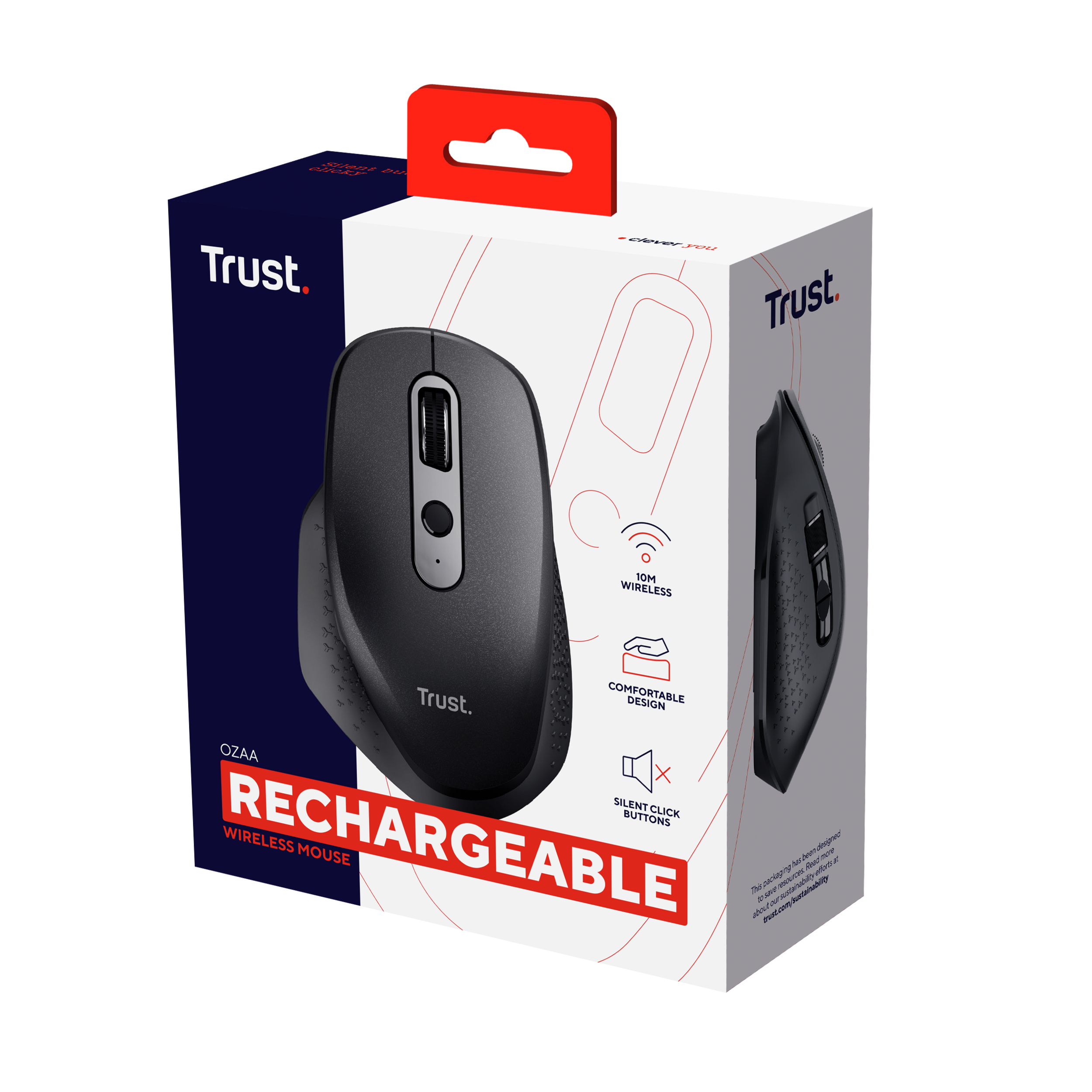 Ratón inalámbrico Trust negro en caja. Recargable. Diseño cómodo y clic silencioso.