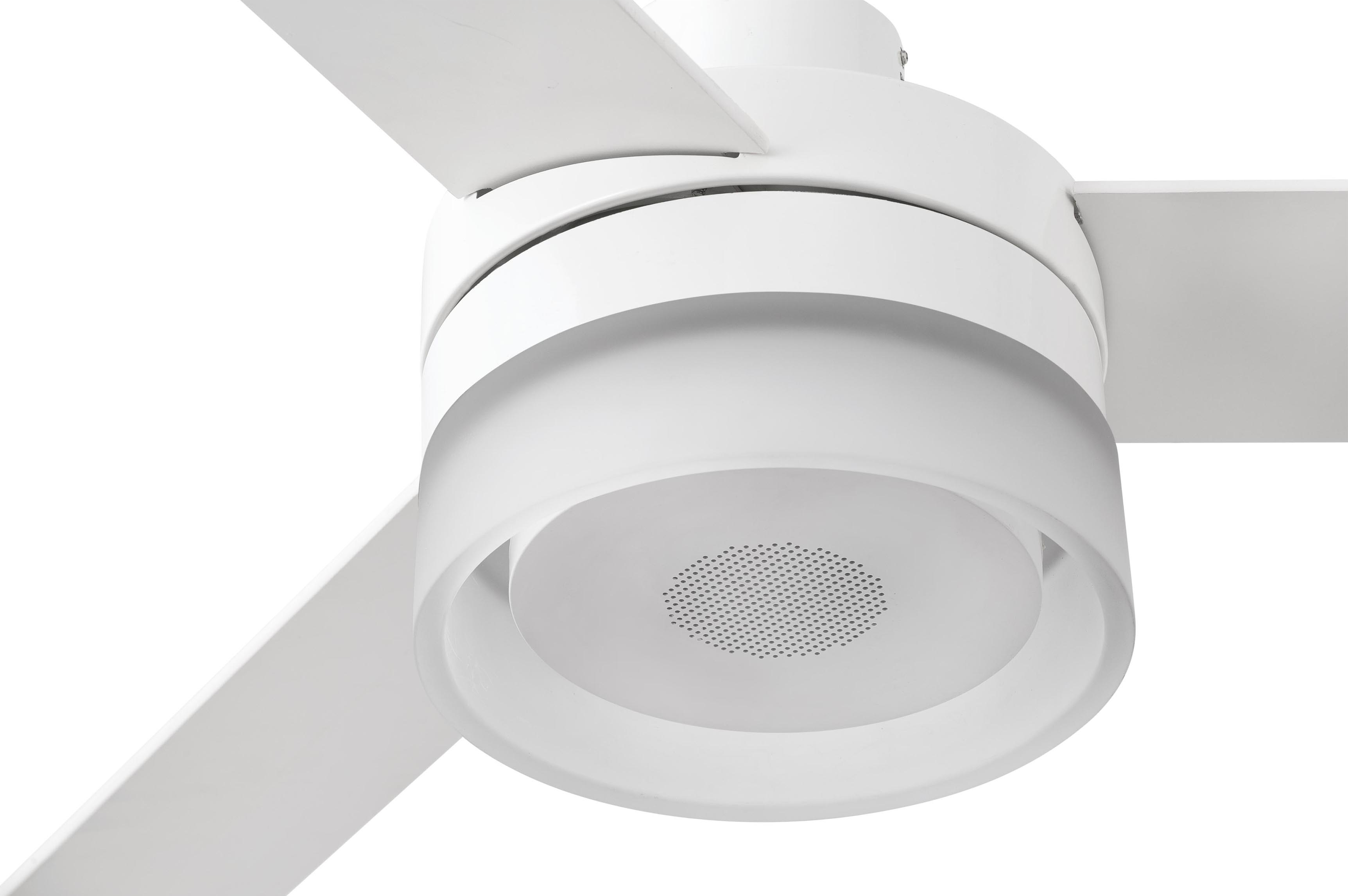 Ein weißer Deckenventilator mit drei Flügeln, einer zentralen Leuchte und einer weißen Decke.