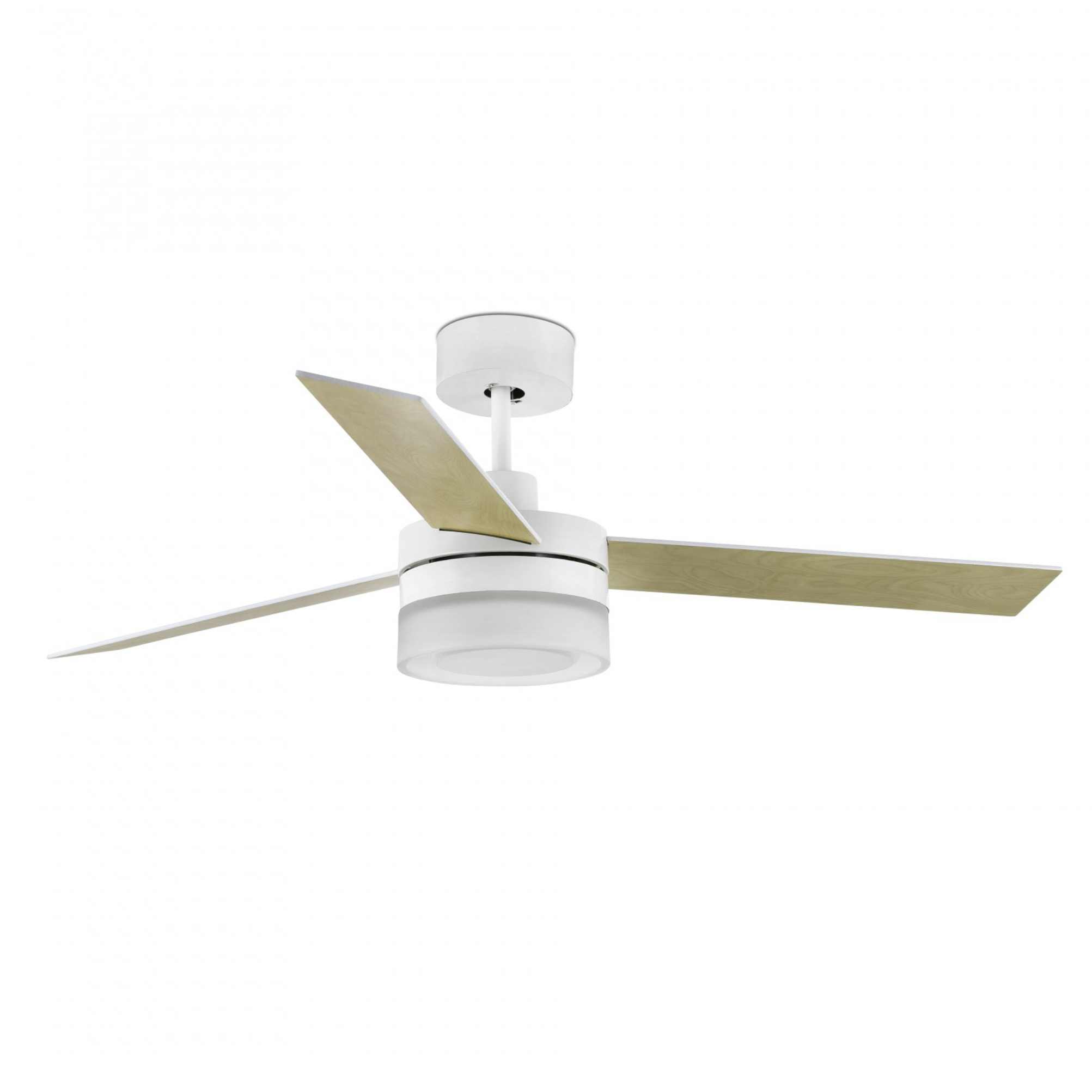 Weißer Deckenventilator mit drei Holzflügeln, weißem Motor und Licht.