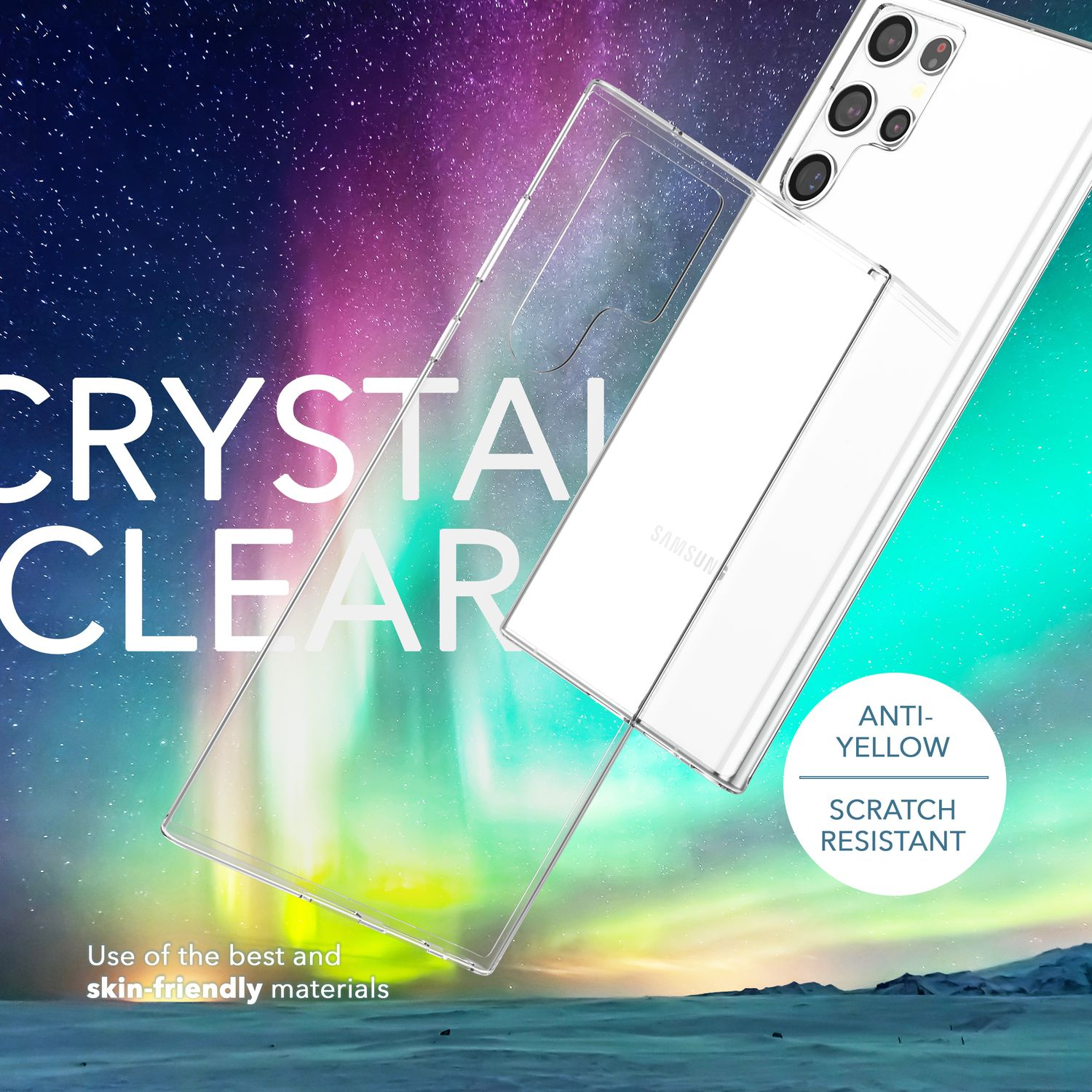 Funda transparente con teléfono dentro. Texto: 'CRYSTAL CLEAR', 'ANTI-YELLOW' y 'SCRATCH RESISTANT'.