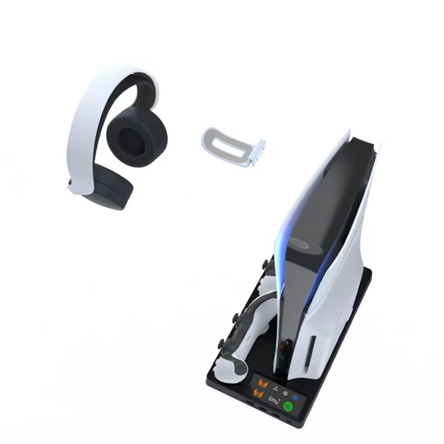 Eine Spielkonsole, ein Headset und eine Ladestation, freigestellt auf weißem Hintergrund.