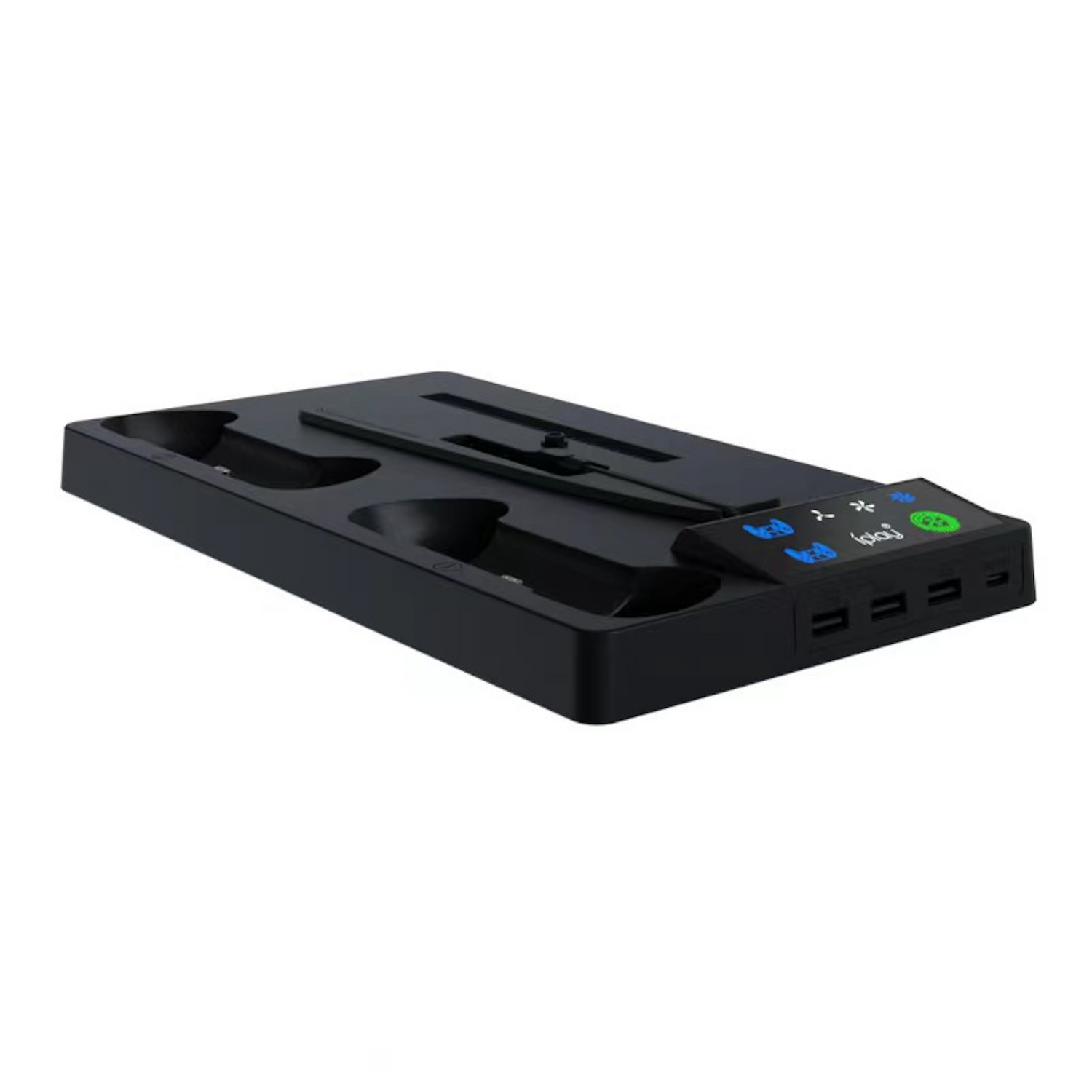 Schwarze Ladestation mit Schlitzen, Tasten und Anschlüssen für Gaming-Controller.