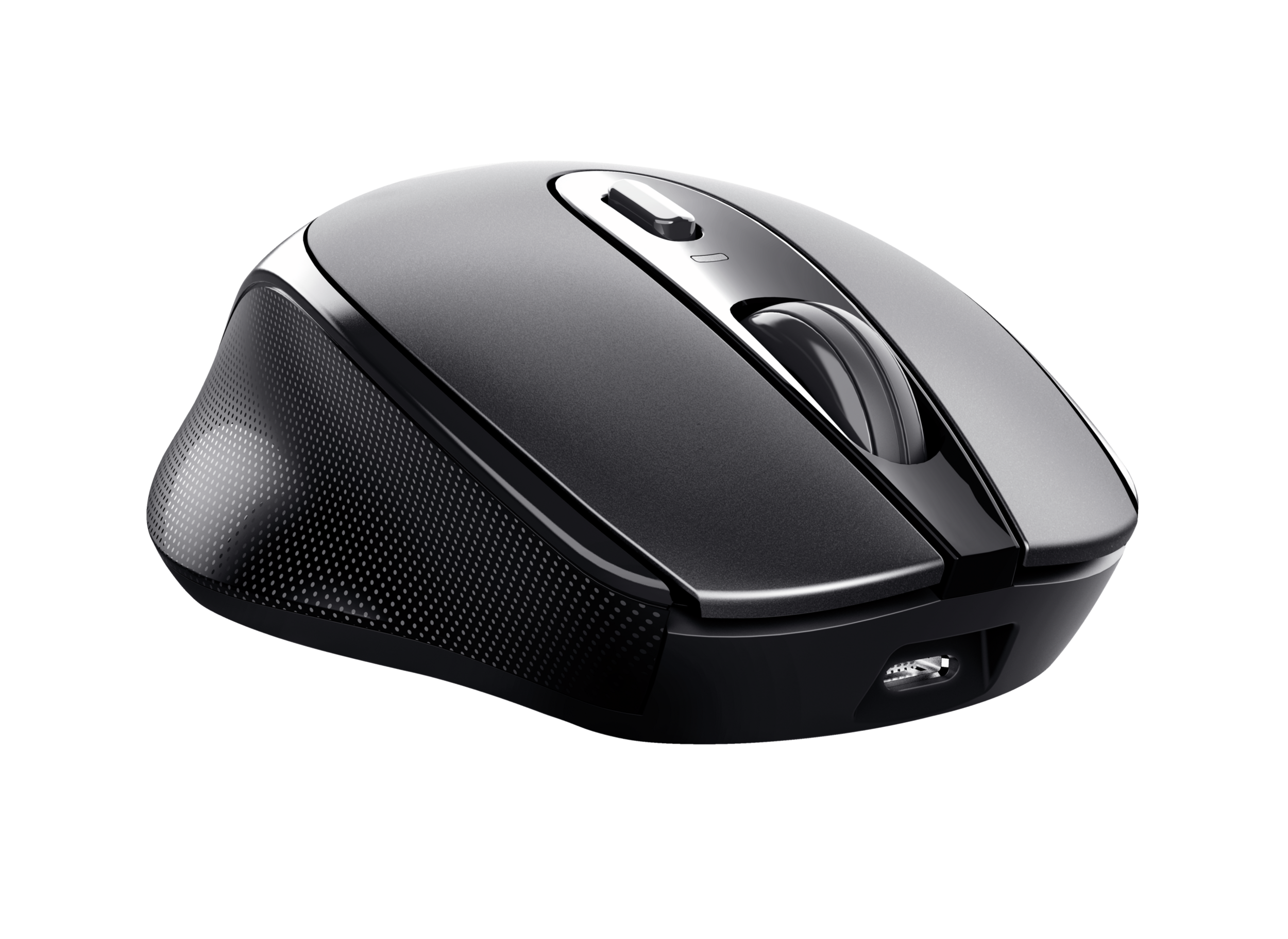 Mouse nero su sfondo nero. Ha una rotella e dei pulsanti.