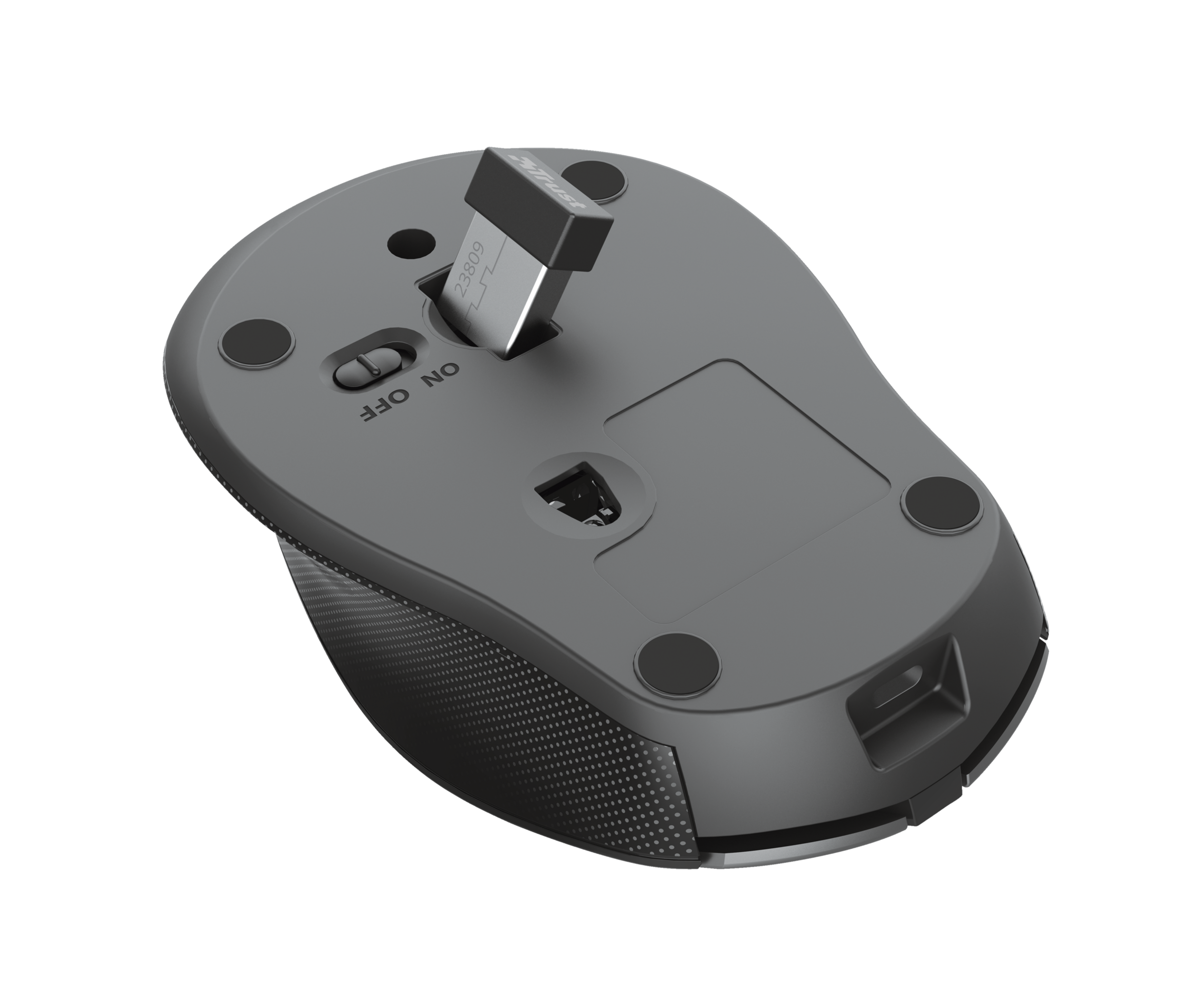 Mouse wireless nero con ricevitore USB inserito e interruttore ON/OFF sul fondo.